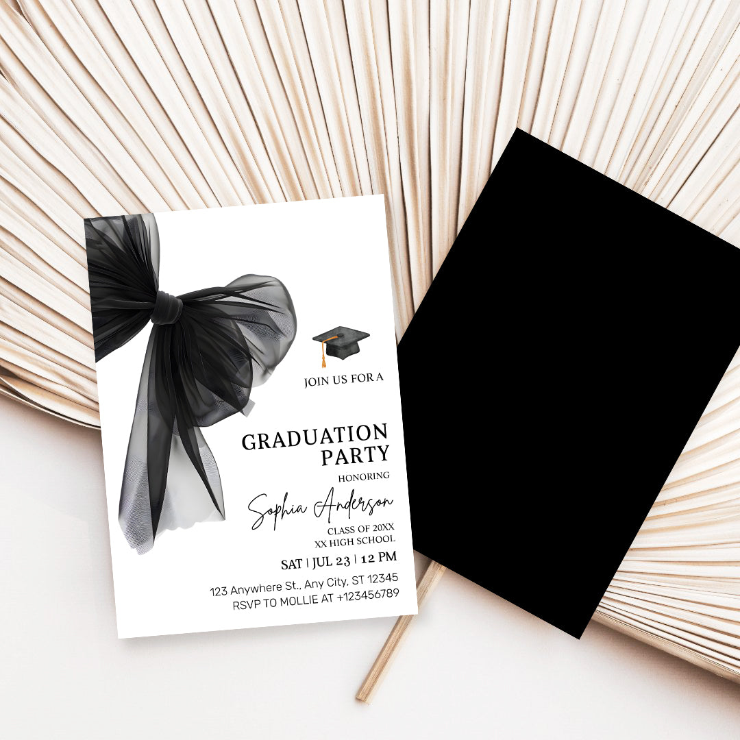 Elegant Black Bow Graduation Party Invitation – Editable Canva Template