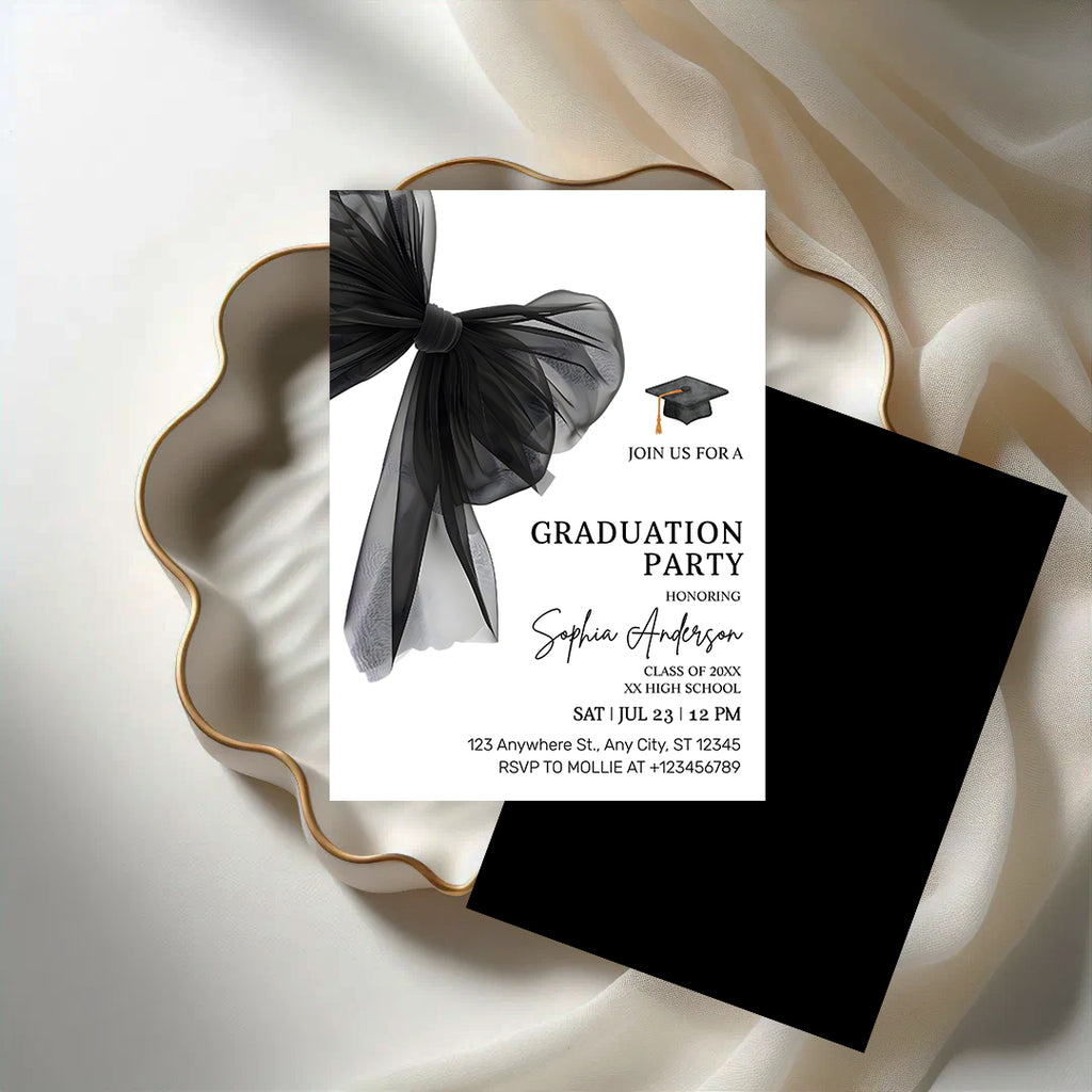 Elegant Black Bow Graduation Party Invitation – Editable Canva Template