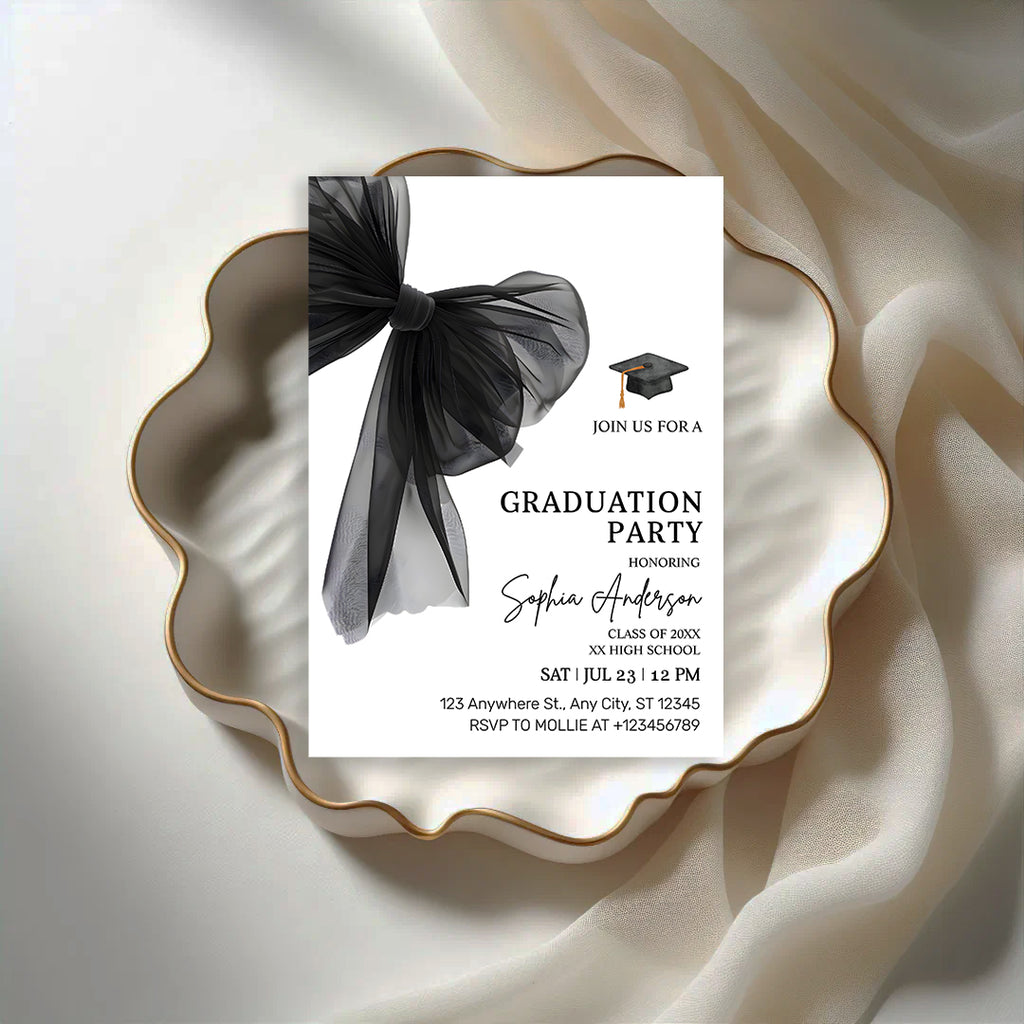 Elegant Black Bow Graduation Party Invitation – Editable Canva Template