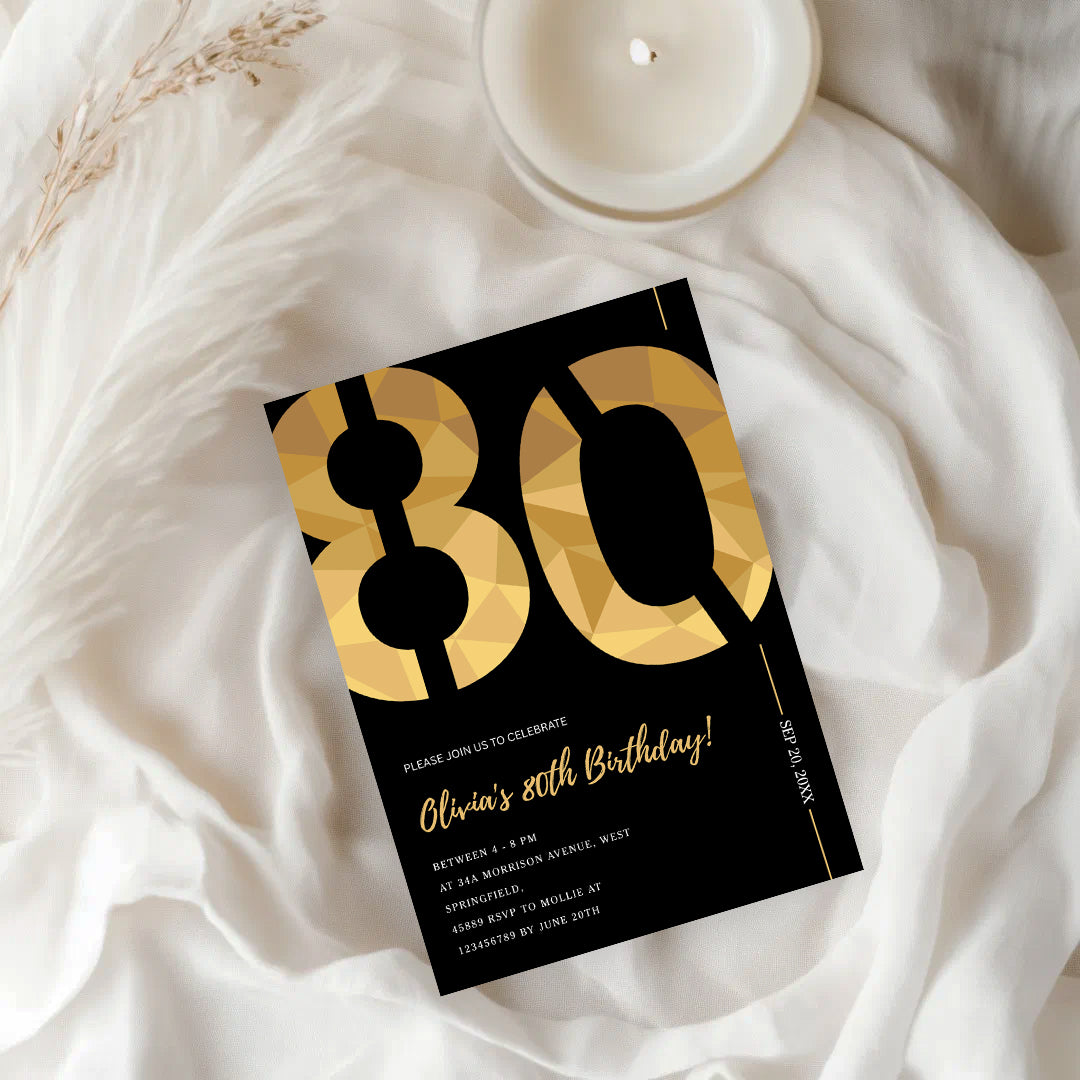 Elegant Black & Gold 80th Birthday Invitation Template | Editable Birthday Party Invite | Instant Download Canva