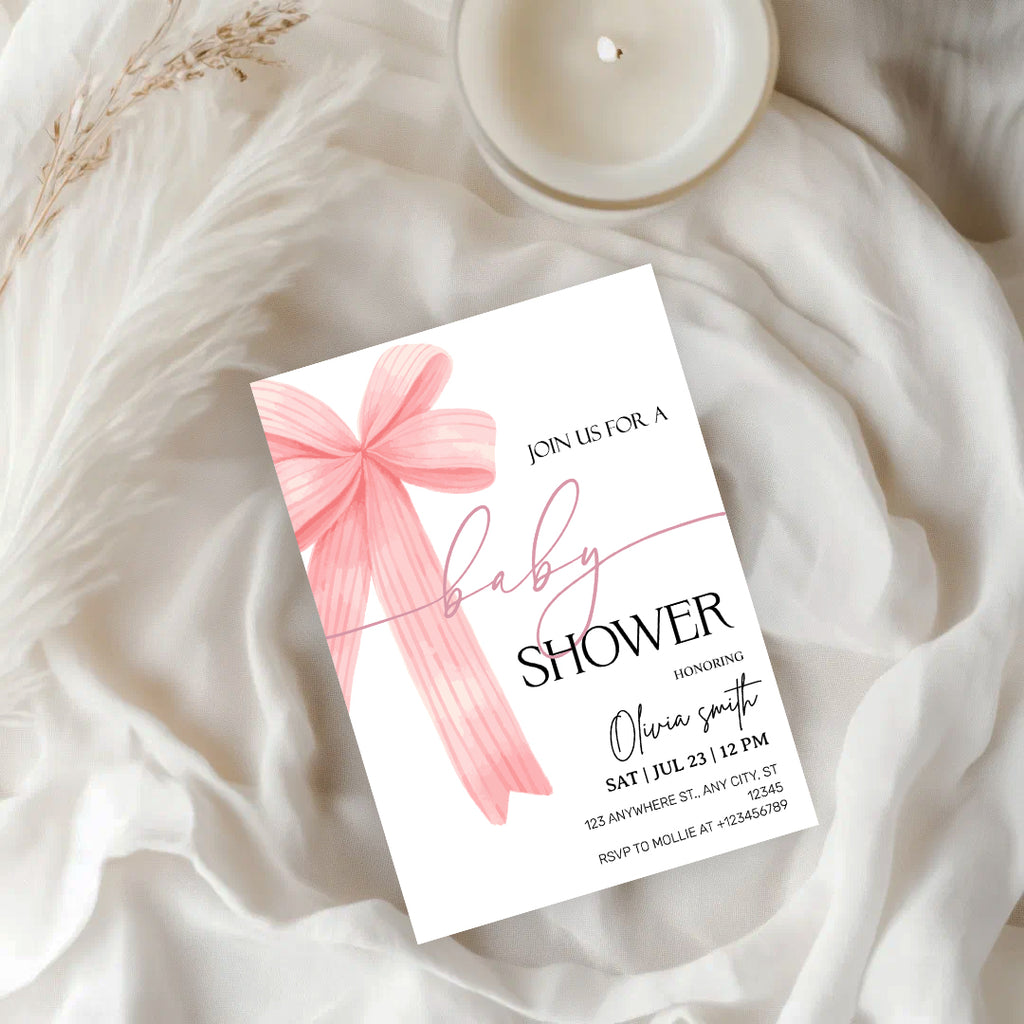 Elegant Pink Bow Baby Shower Invitation – Editable Canva Template