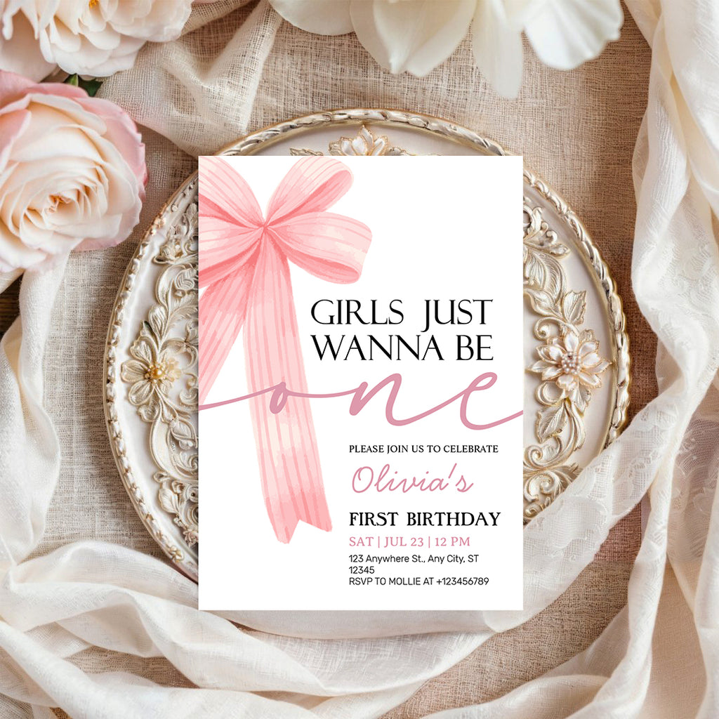 Girls Just Wanna Be One Pink Bow 1st Birthday Invitation – Editable Canva Template