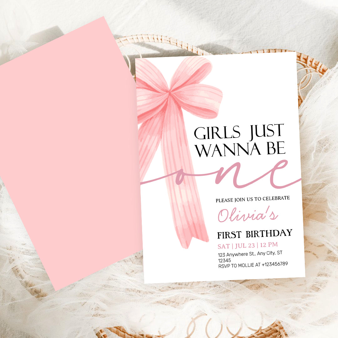 Girls Just Wanna Be One Pink Bow 1st Birthday Invitation – Editable Canva Template