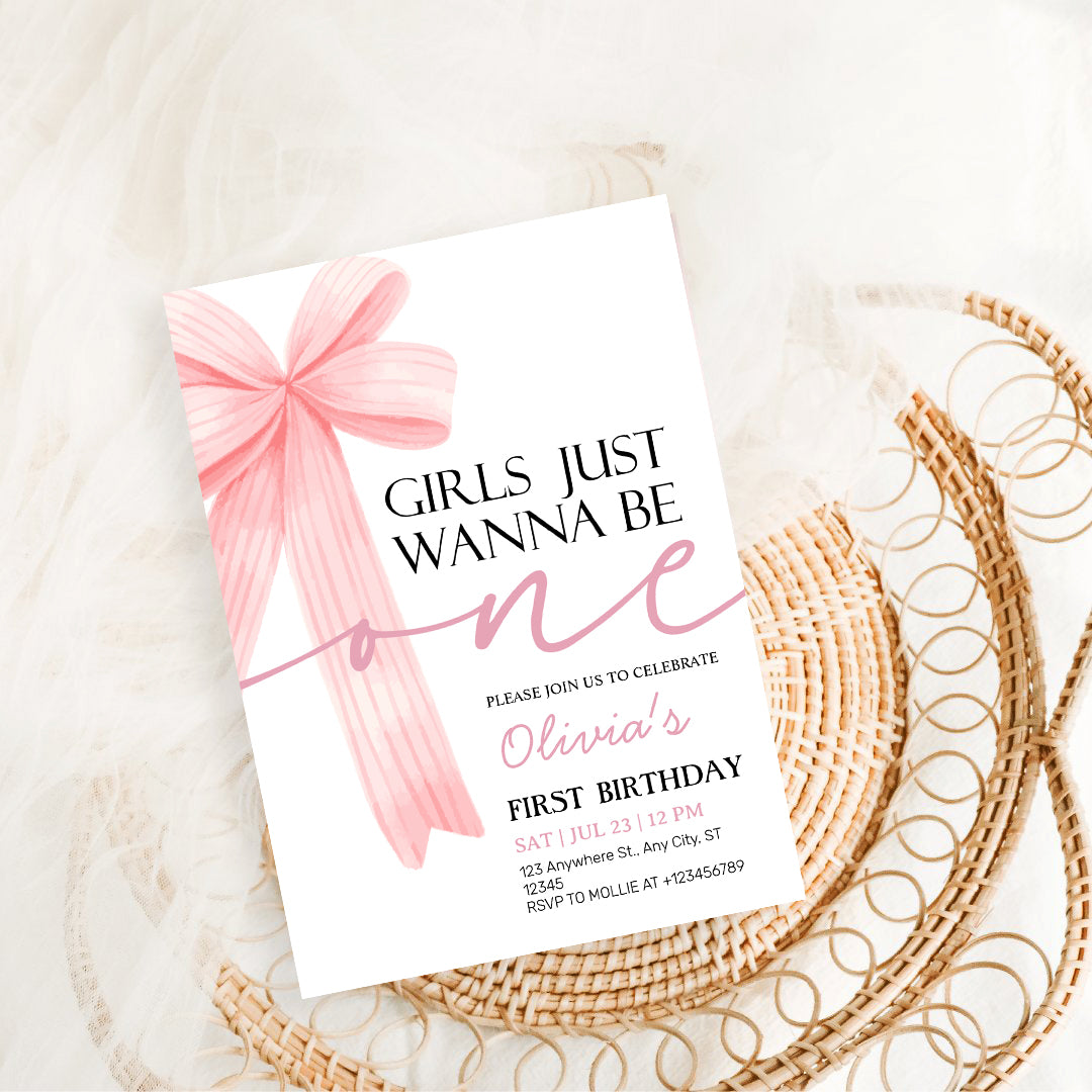 Girls Just Wanna Be One Pink Bow 1st Birthday Invitation – Editable Canva Template