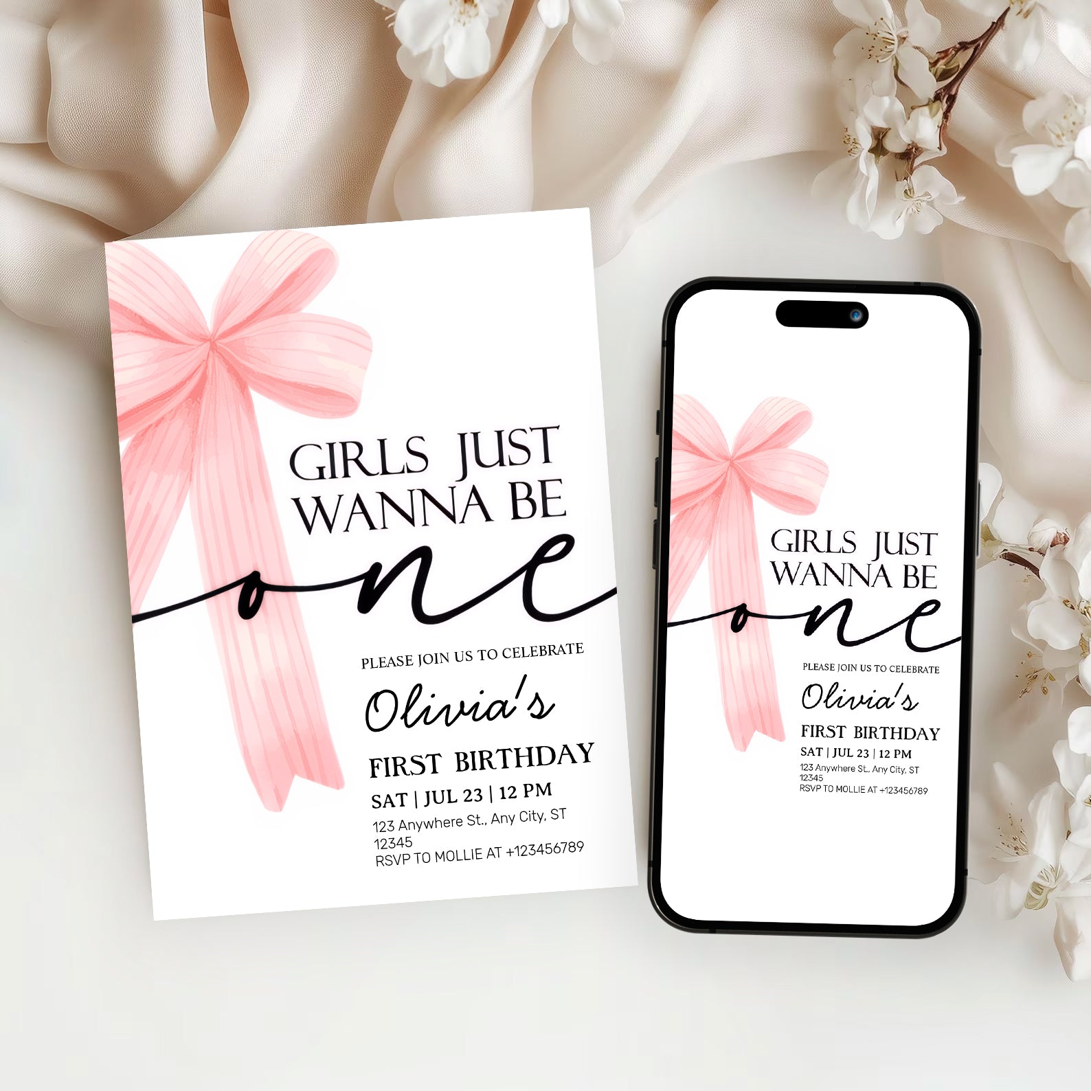 Girls Just Wanna Be One Pink Bow 1st Birthday Invitation – Editable Canva Template