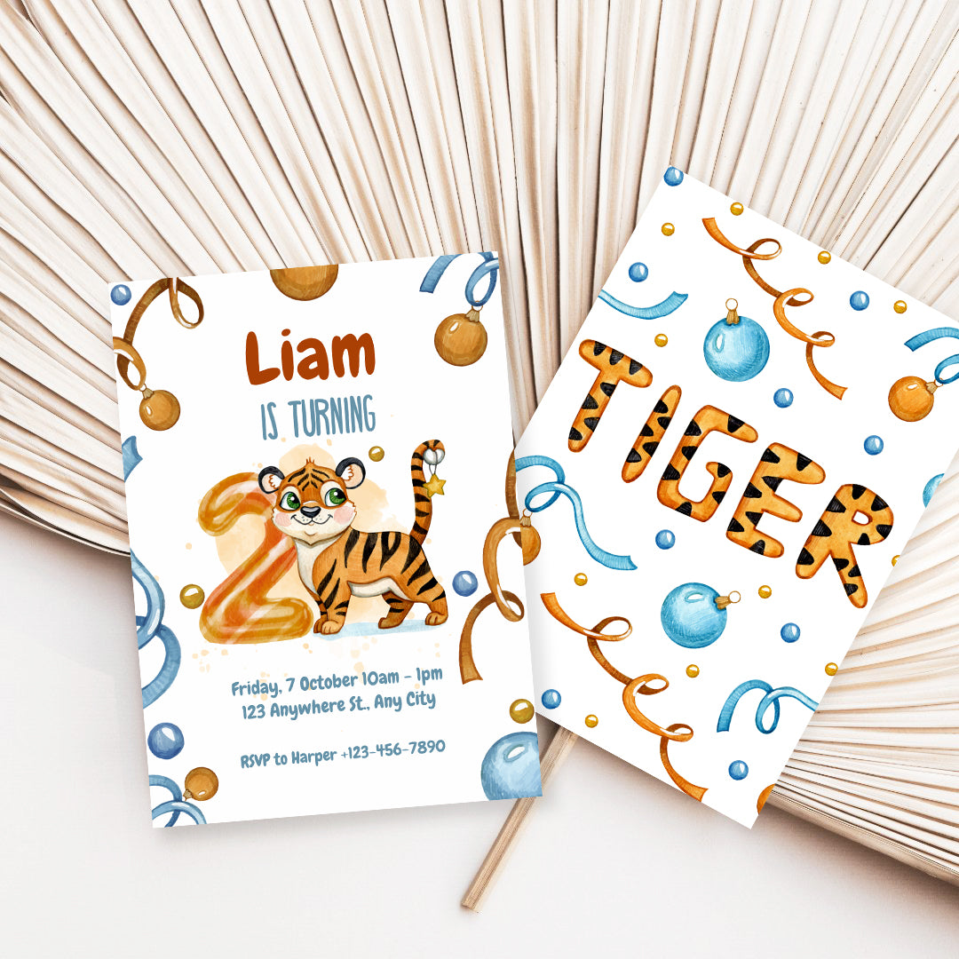 Wild & Cute Tiger 2nd Birthday Invitation – Editable Canva Template