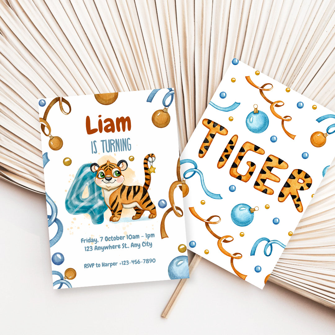 Wild & Cute Tiger 4th Birthday Invitation – Editable Canva Template