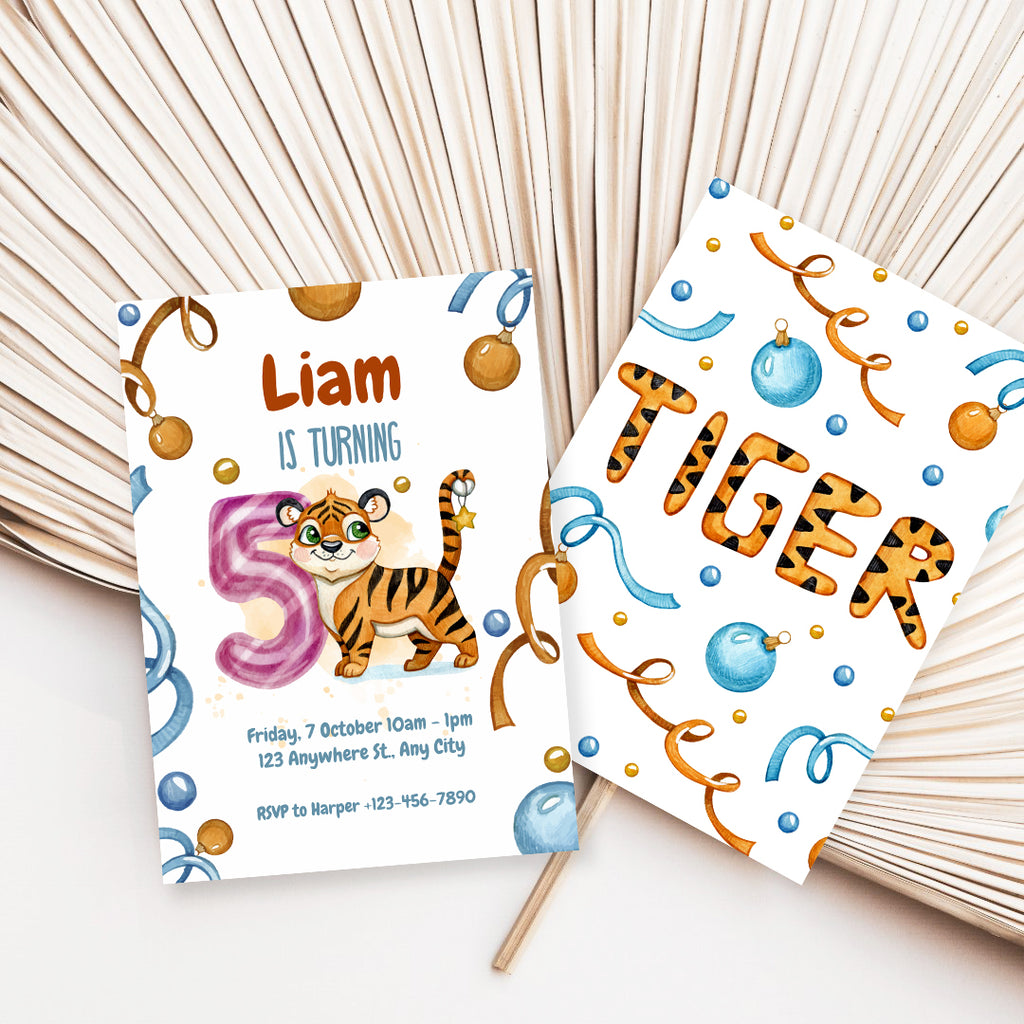 Wild & Cute Tiger 5th Birthday Invitation – Editable Canva Template