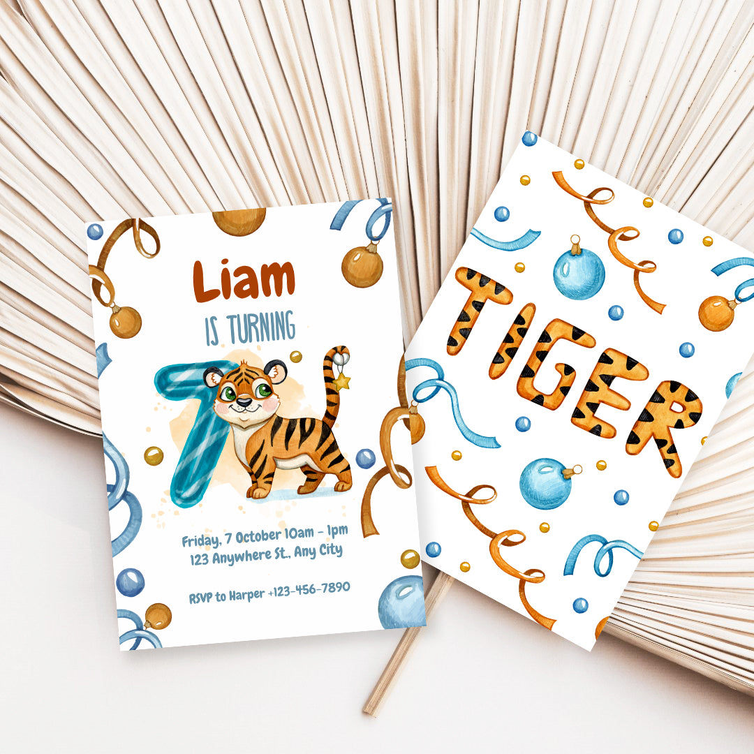 Wild & Cute Tiger 7th Birthday Invitation – Editable Canva Template