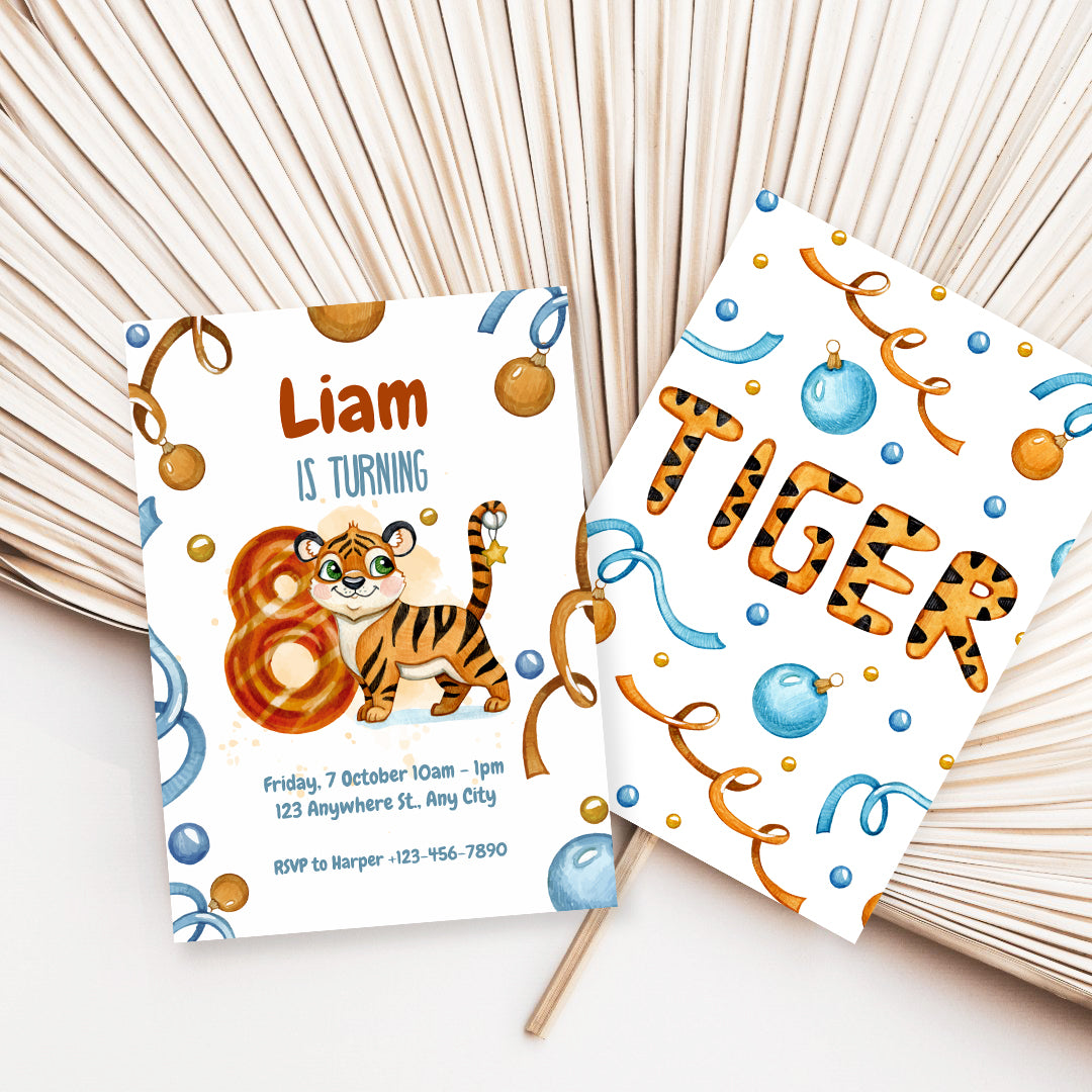 Wild & Cute Tiger 8th Birthday Invitation – Editable Canva Template