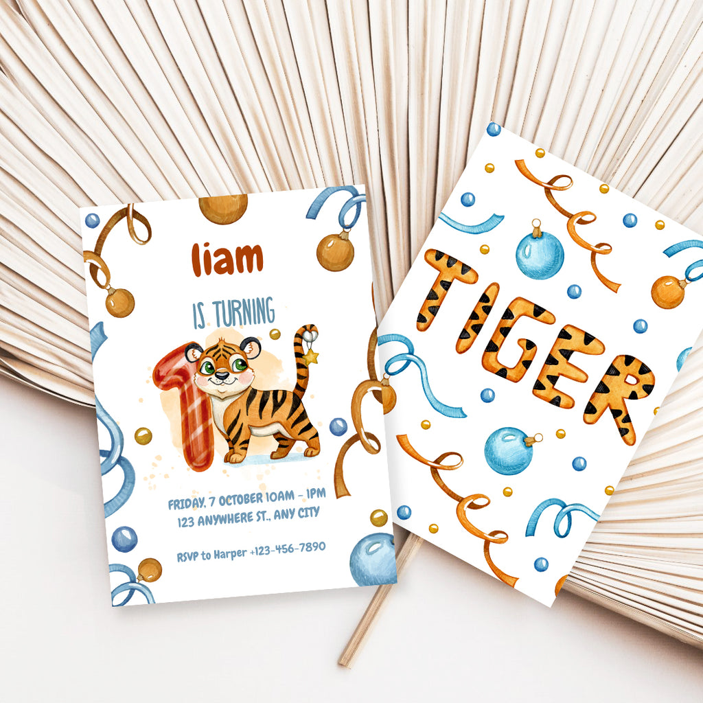 Wild & Cute Tiger 1st Birthday Invitation – Editable Canva Template