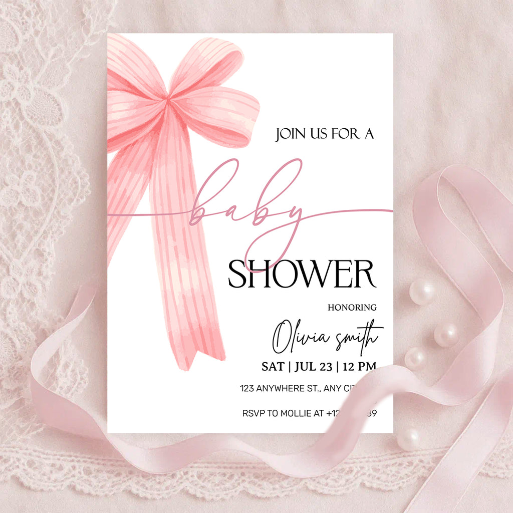 Elegant Pink Bow Baby Shower Invitation – Editable Canva Template