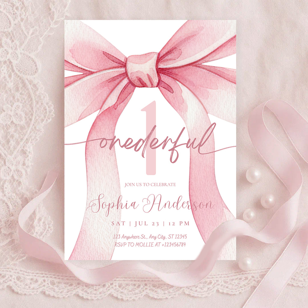 Blush Pink Bow Onederful 1st Birthday Invitation Template | Girl First Birthday Party Invite | Editable Canva Instant Download