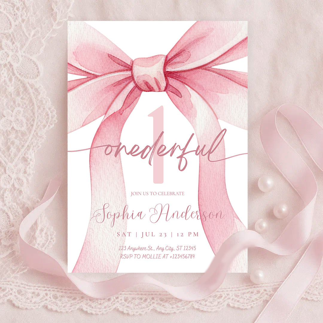 Blush Pink Bow Onederful 1st Birthday Invitation Template | Girl First Birthday Party Invite | Editable Canva Instant Download