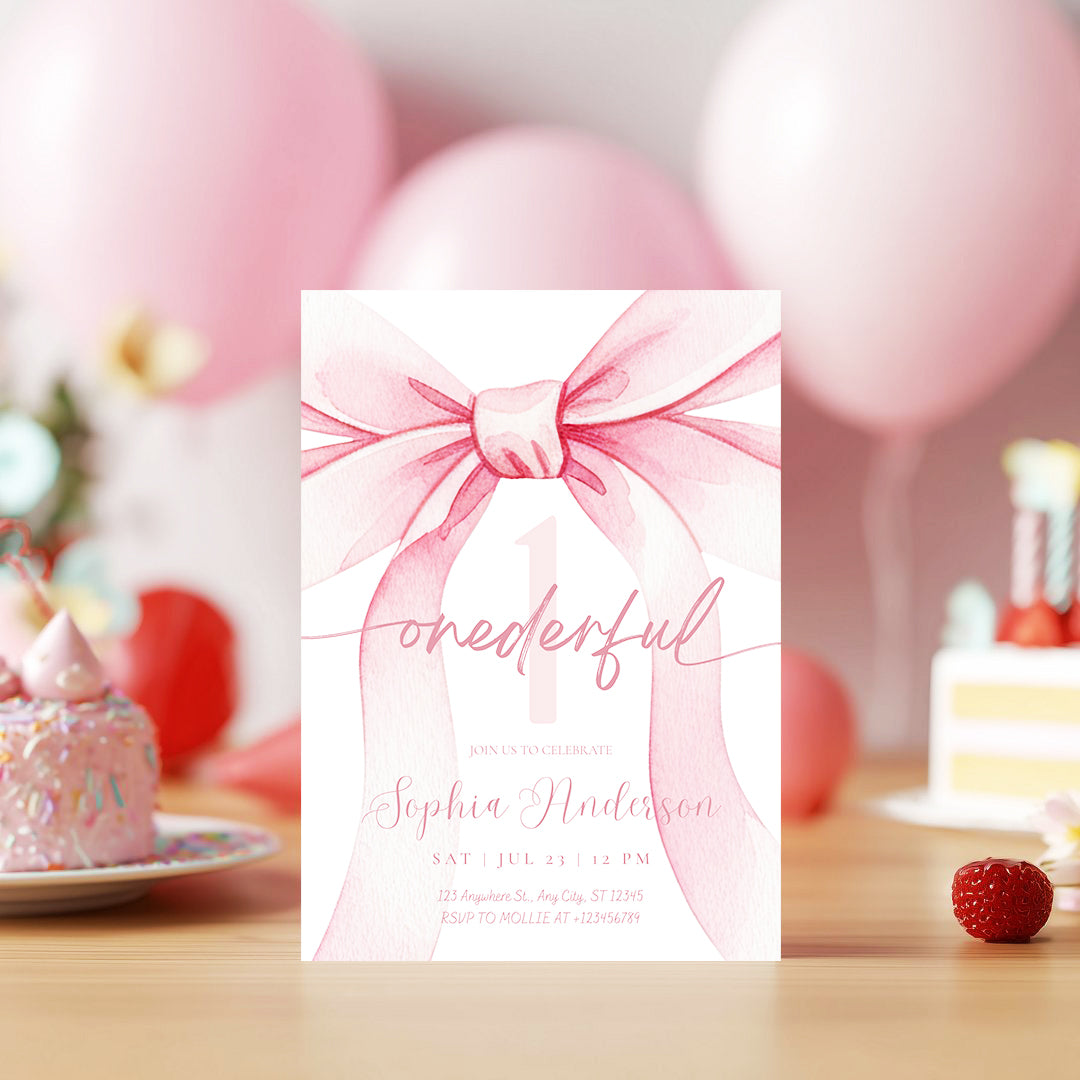 Blush Pink Bow Onederful 1st Birthday Invitation Template | Girl First Birthday Party Invite | Editable Canva Instant Download