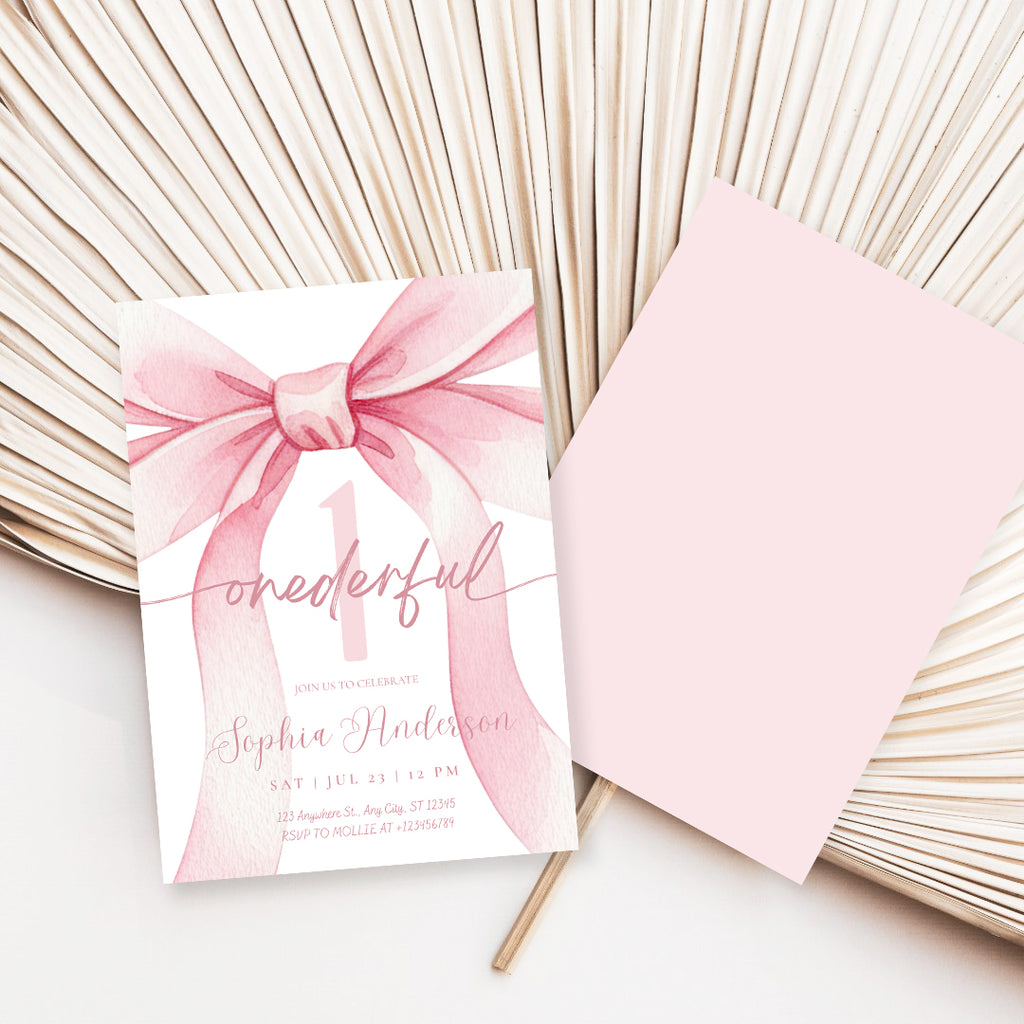 Blush Pink Bow Onederful 1st Birthday Invitation Template | Girl First Birthday Party Invite | Editable Canva Instant Download