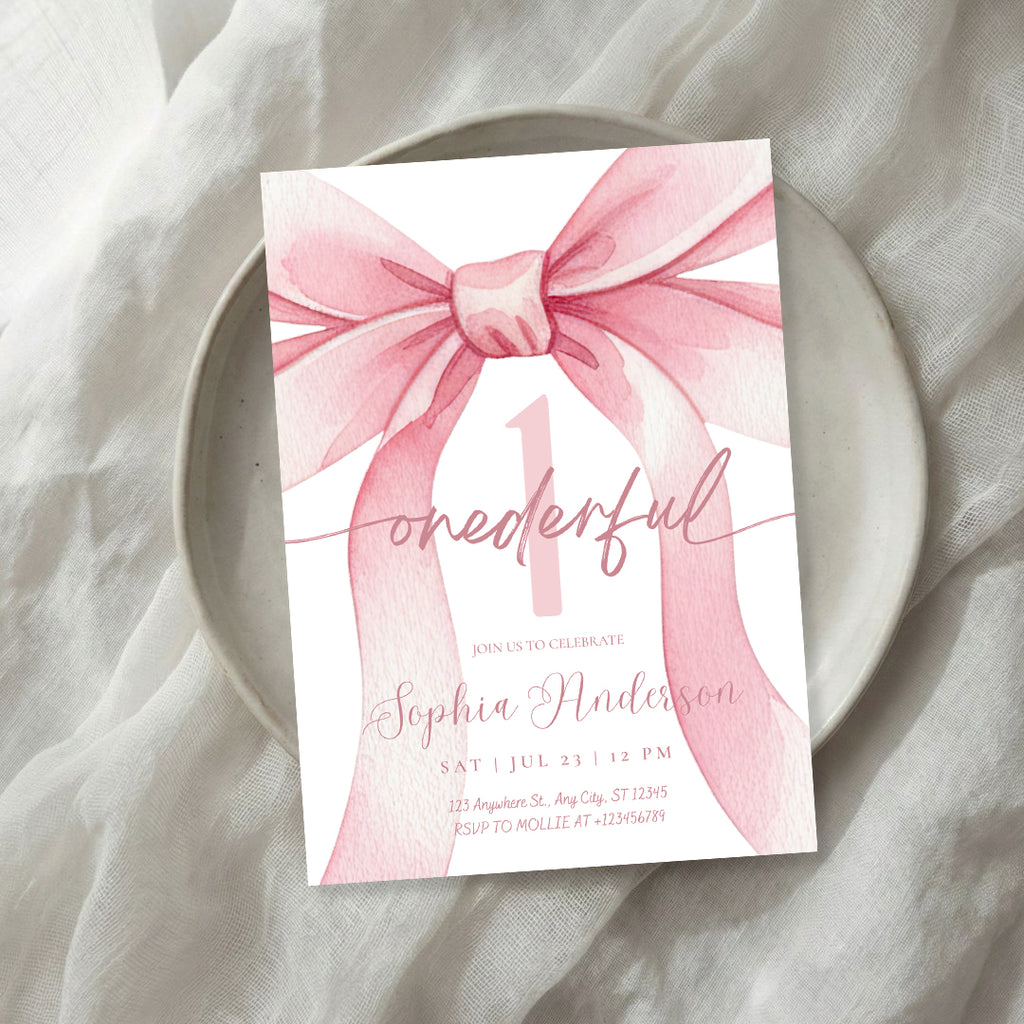 Blush Pink Bow Onederful 1st Birthday Invitation Template | Girl First Birthday Party Invite | Editable Canva Instant Download