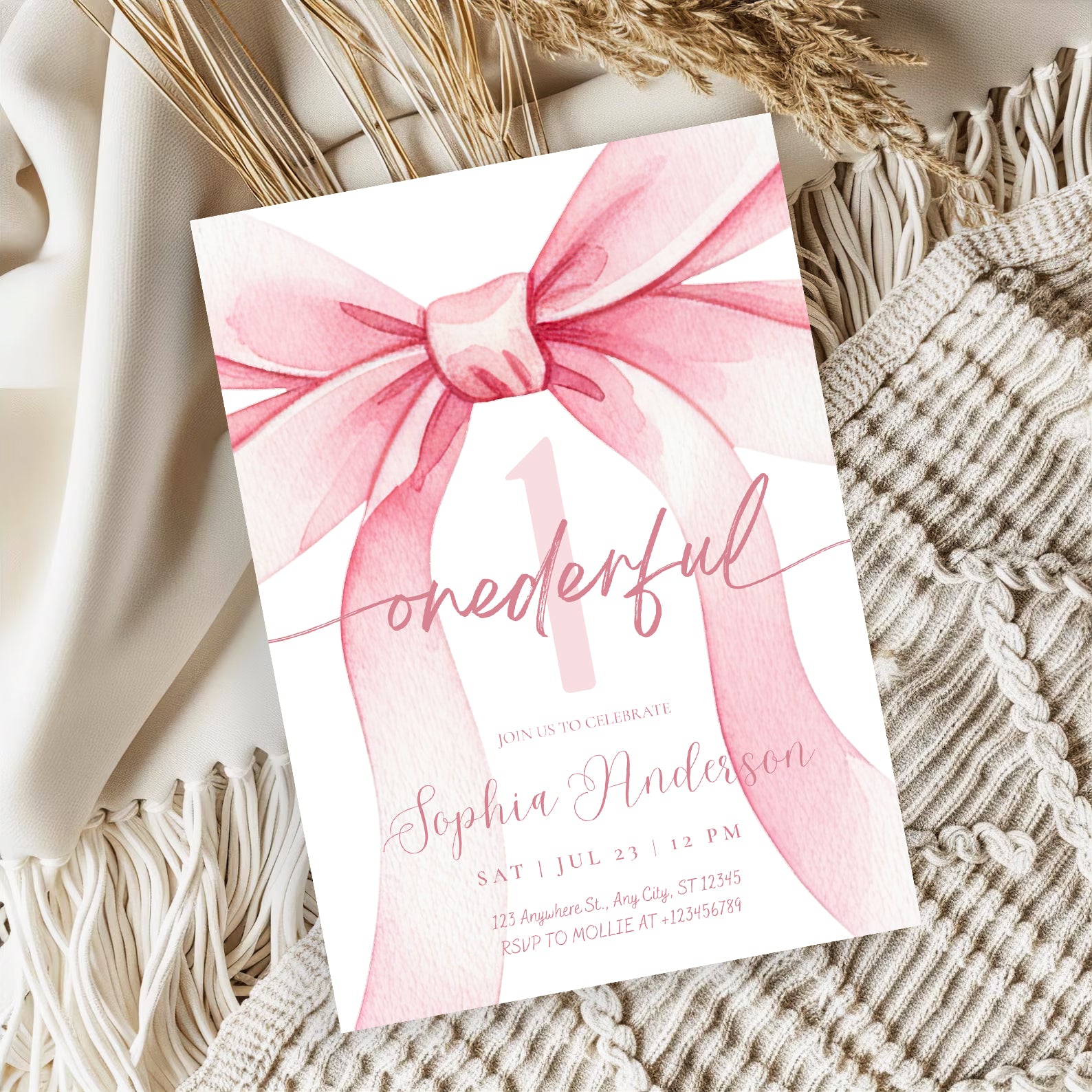 Blush Pink Bow Onederful 1st Birthday Invitation Template | Girl First Birthday Party Invite | Editable Canva Instant Download
