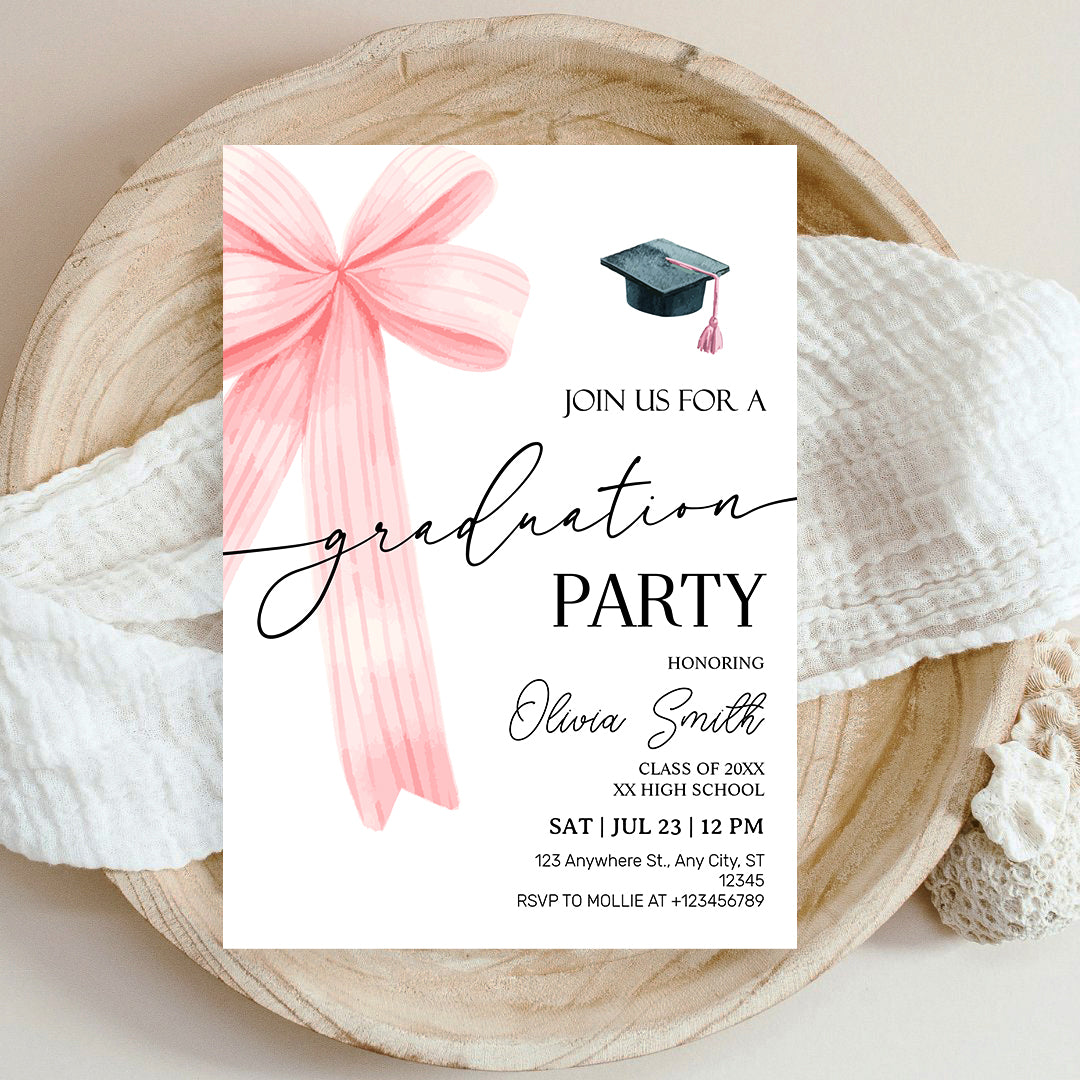 Pink Bow Graduation Party Invitation – Editable Canva Template