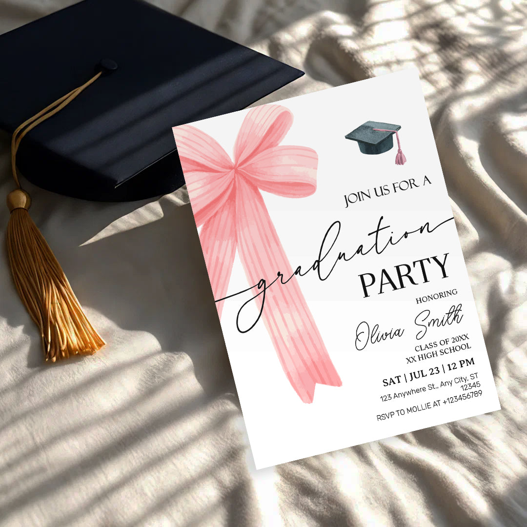 Pink Bow Graduation Party Invitation – Editable Canva Template