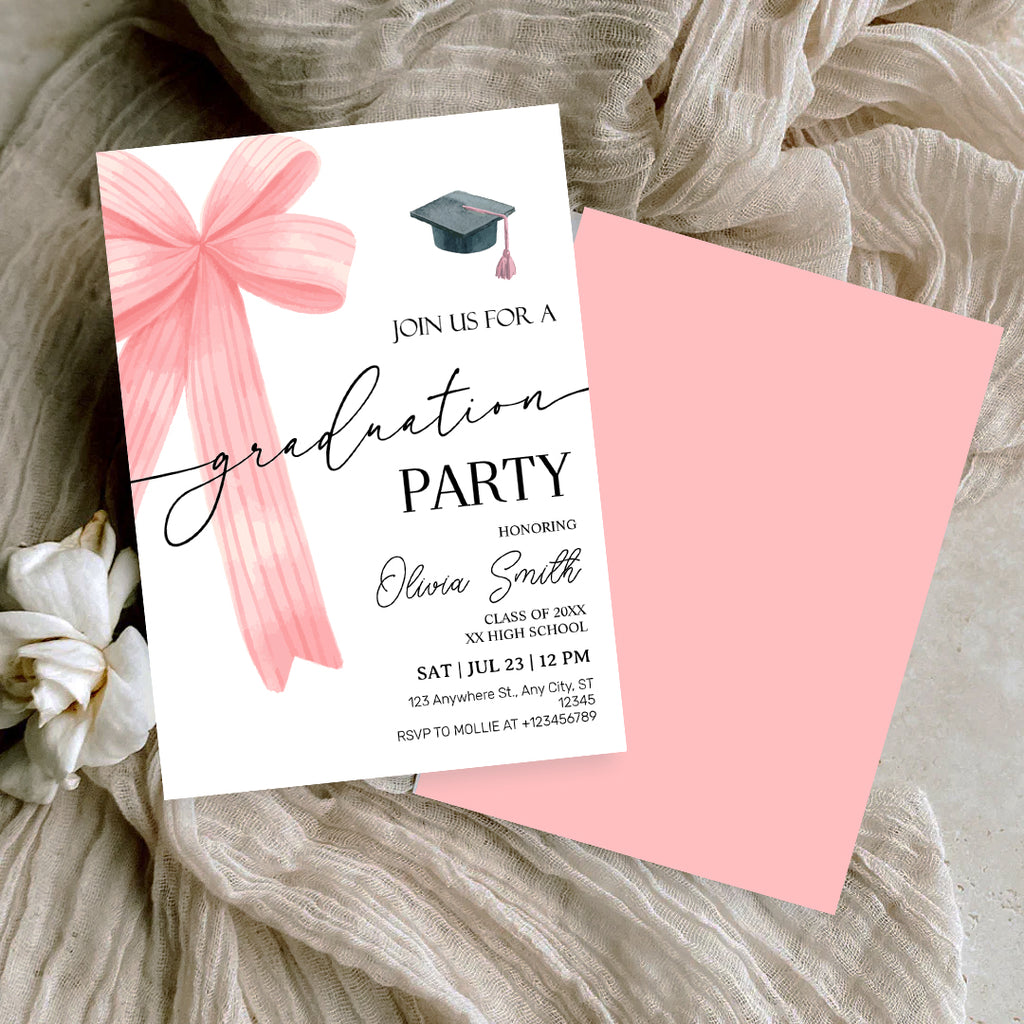 Pink Bow Graduation Party Invitation – Editable Canva Template