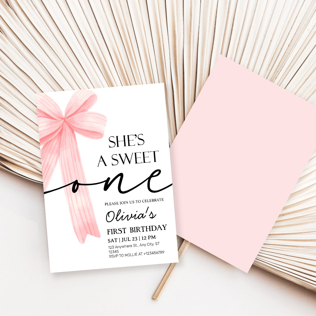 Pink Bow 1st Birthday Invitation – Editable Canva Template