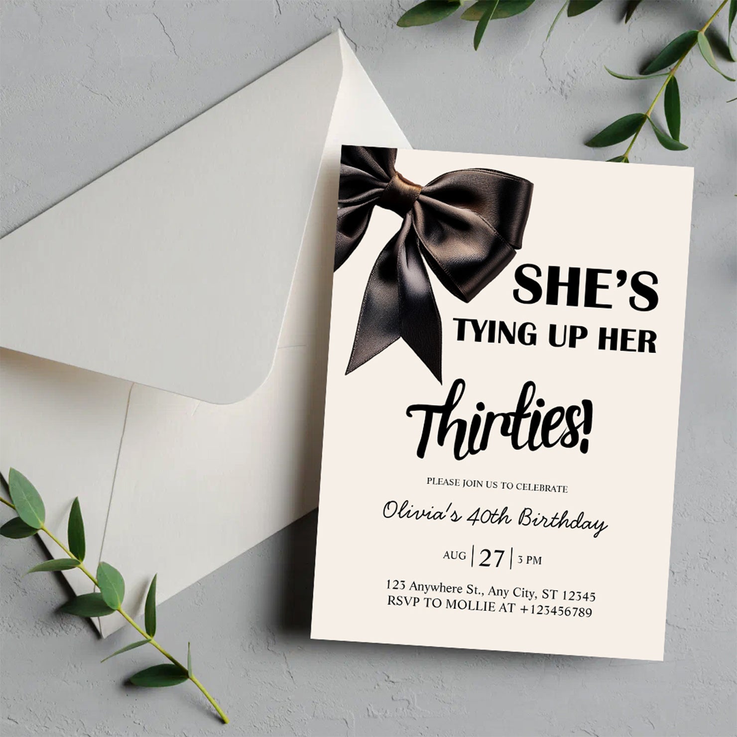 Elegant Black Bow Birthday Invitation – Editable Canva Template