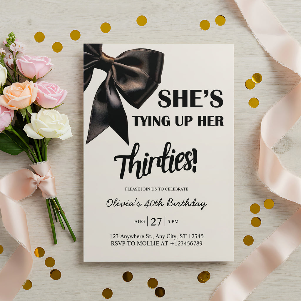 Elegant Black Bow Birthday Invitation – Editable Canva Template
