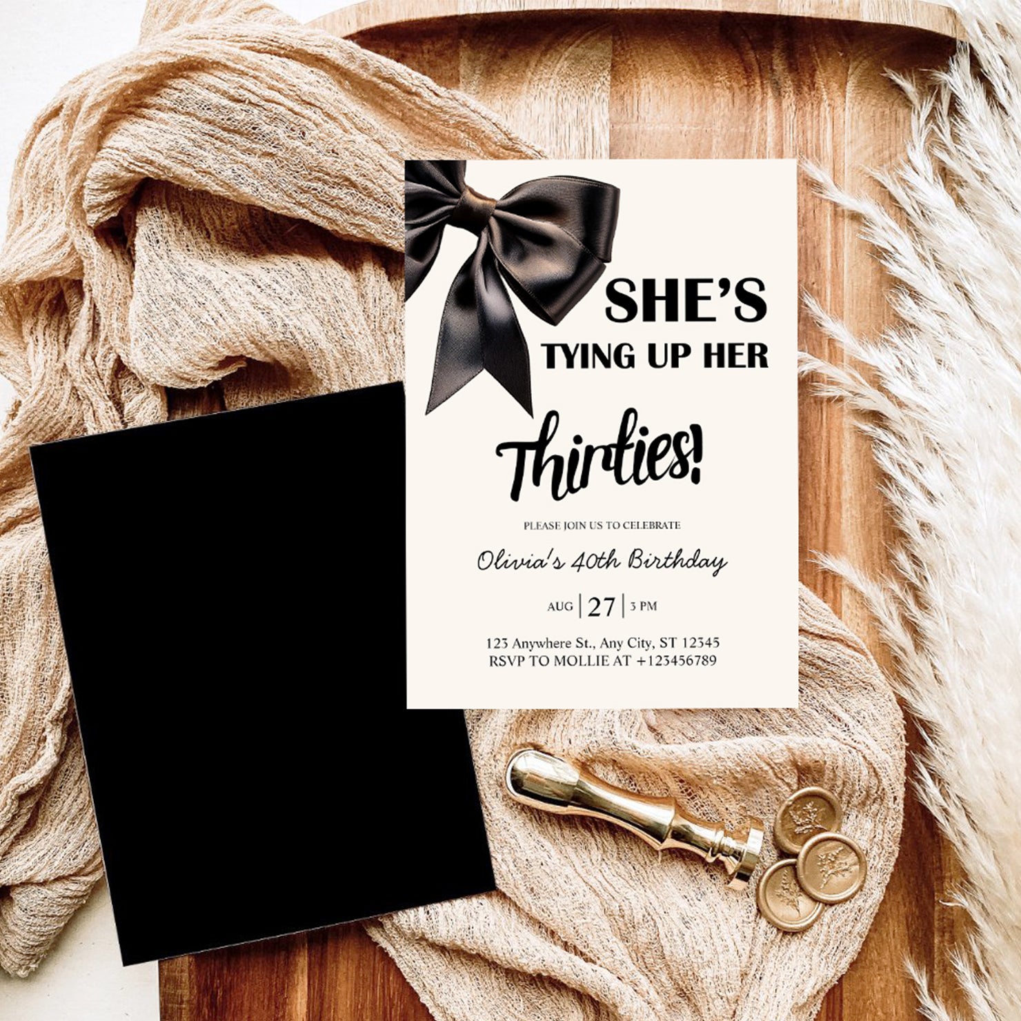 Elegant Black Bow Birthday Invitation – Editable Canva Template