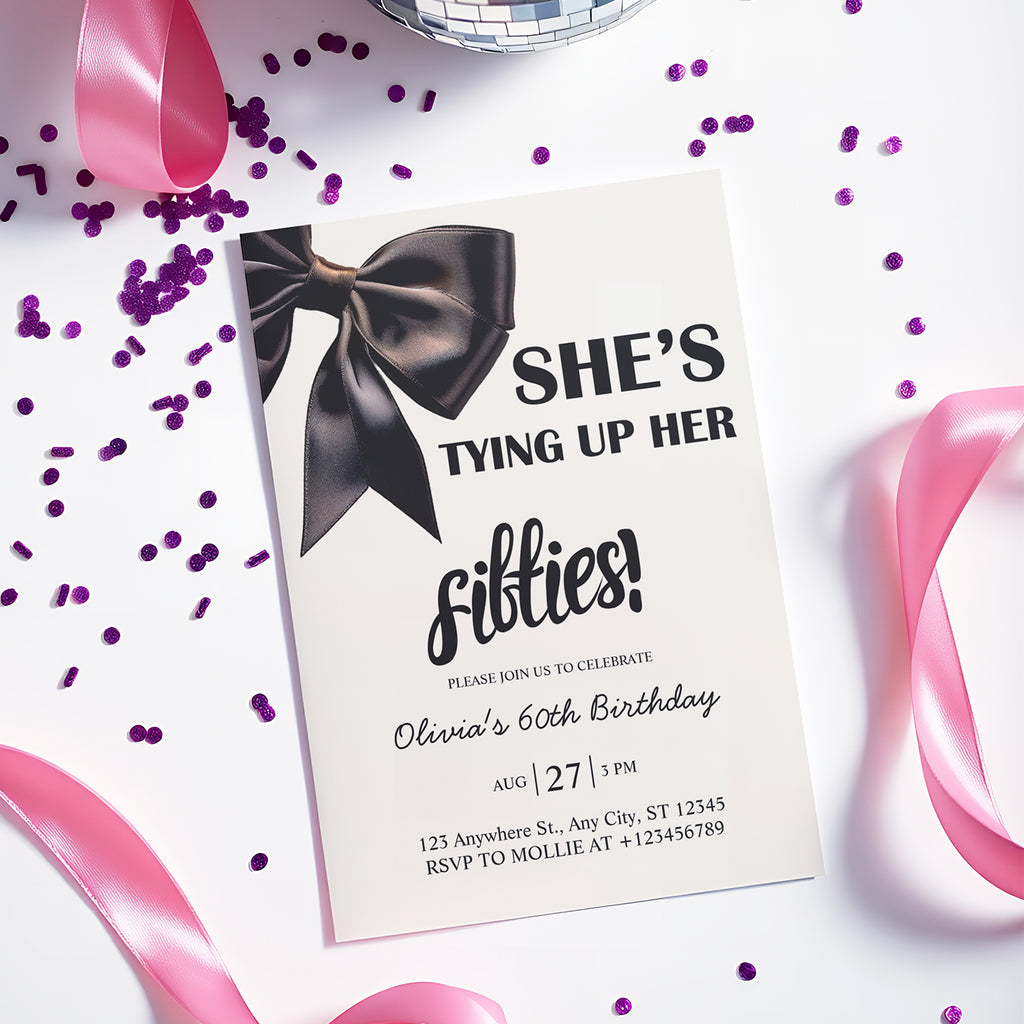 Elegant Black Bow Birthday Invitation – Editable Canva Template