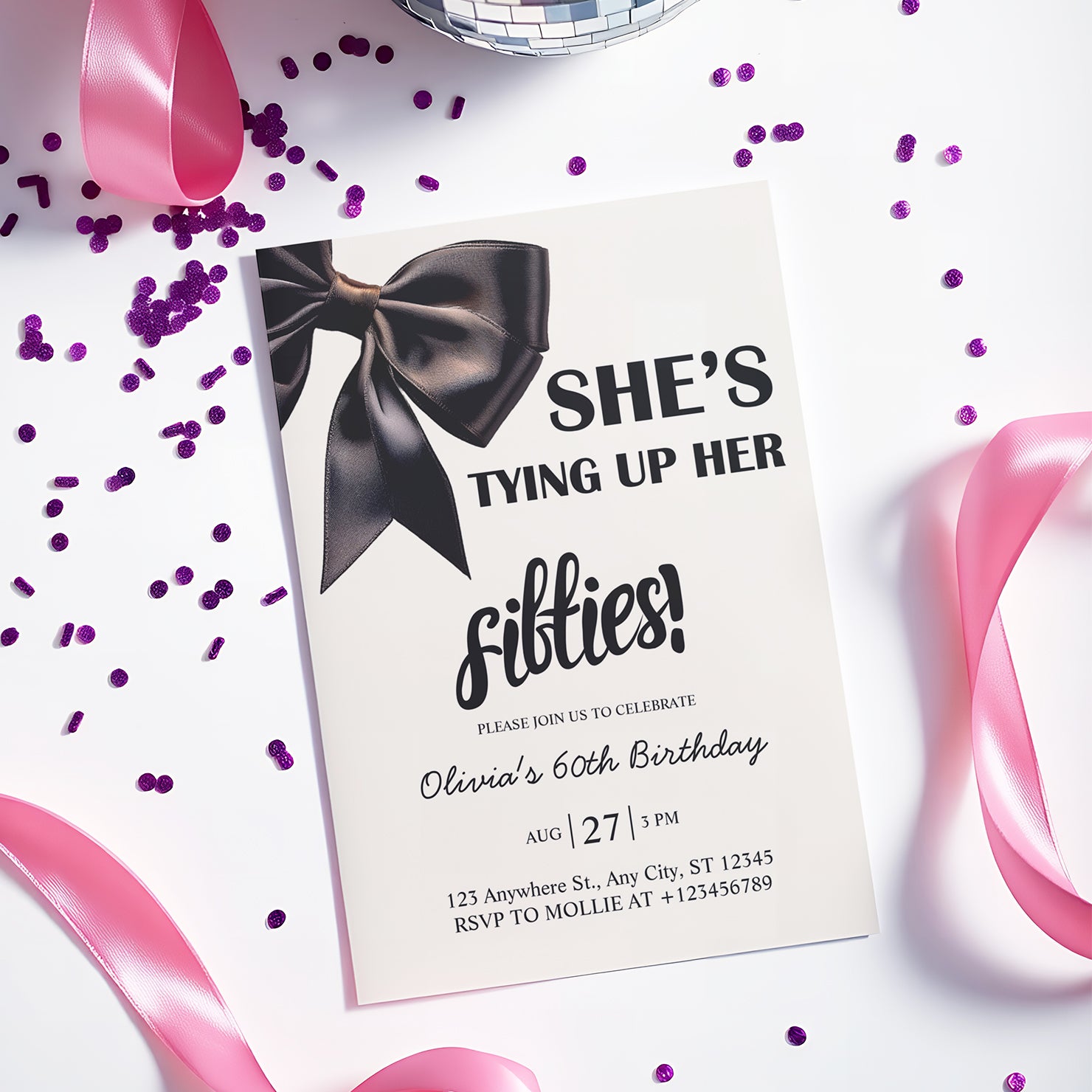 Elegant Black Bow Birthday Invitation – Editable Canva Template