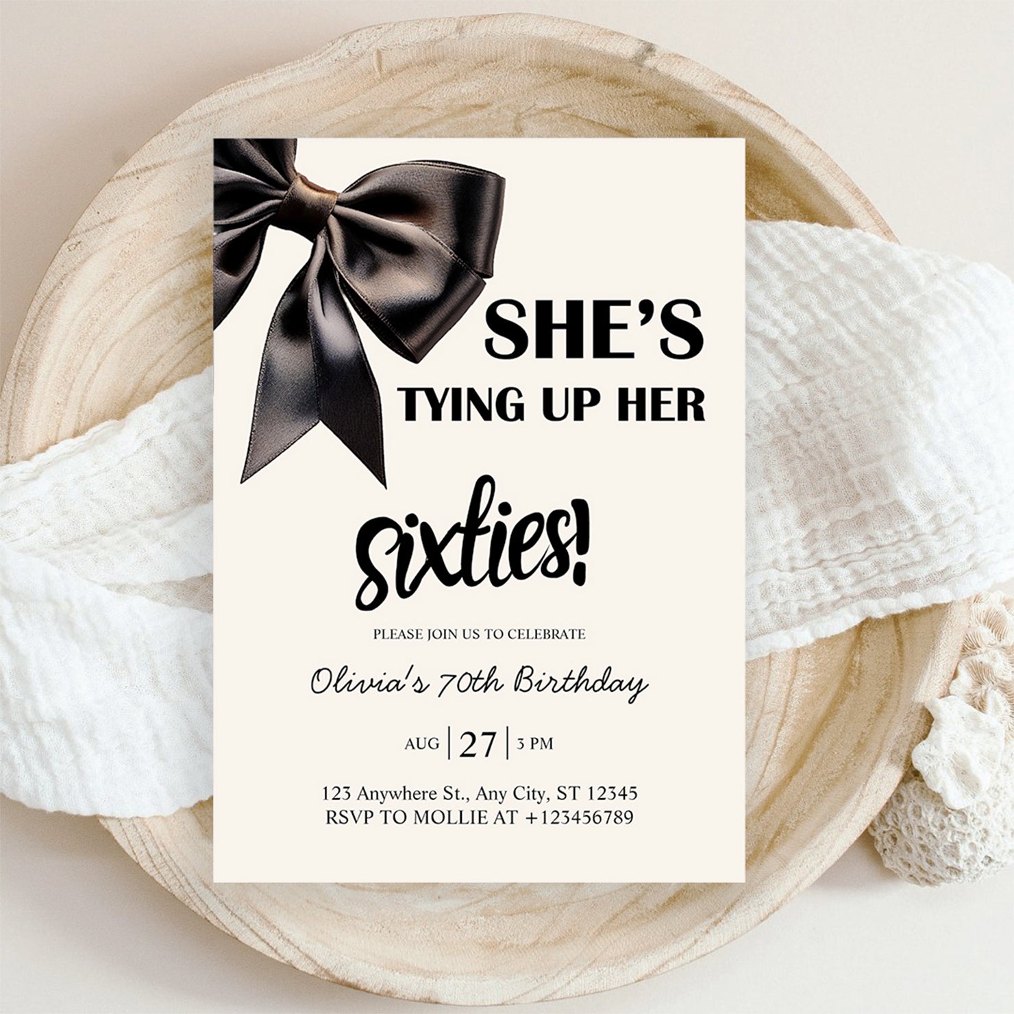Elegant Black Bow Birthday Invitation – Editable Canva Template