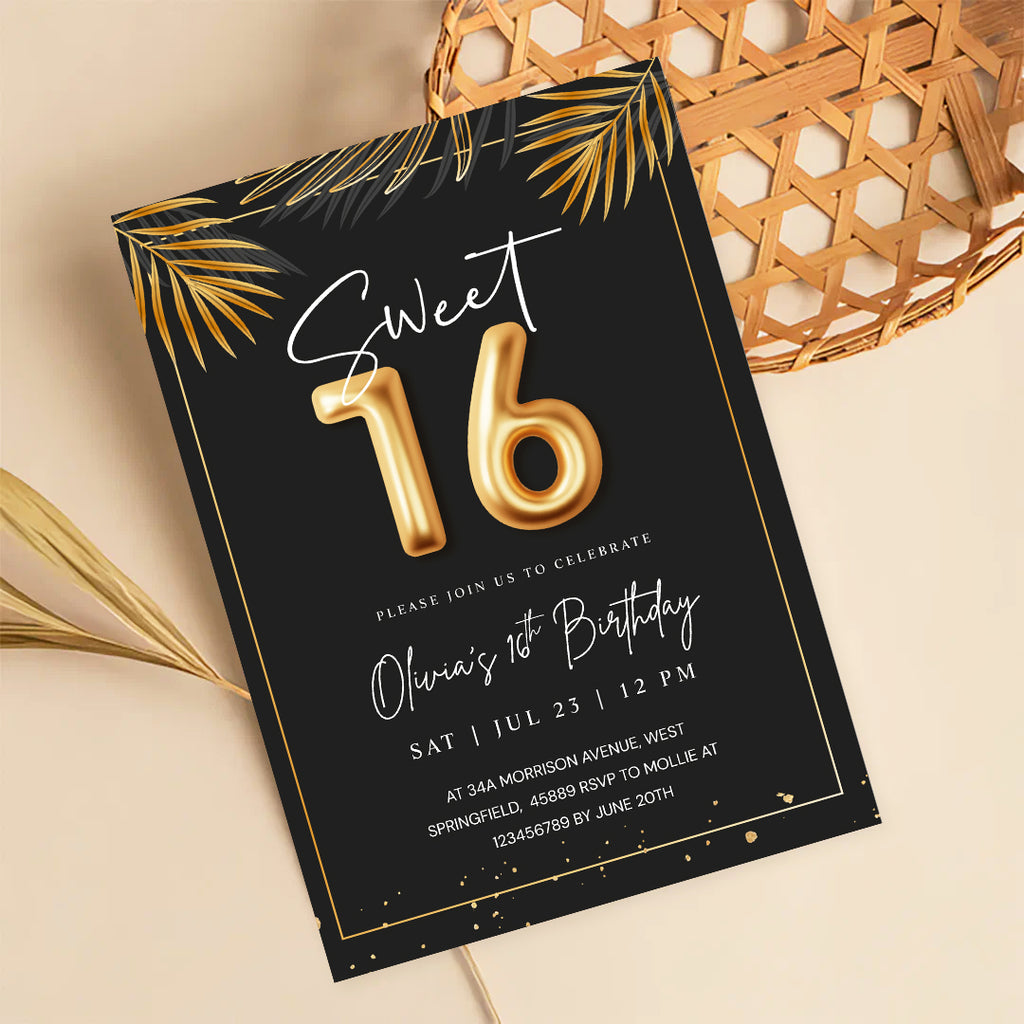 Sweet 16 Tropical Gold Invitation Template | Editable Sixteenth Birthday Invite | Golden Leaves Canva Instant Download