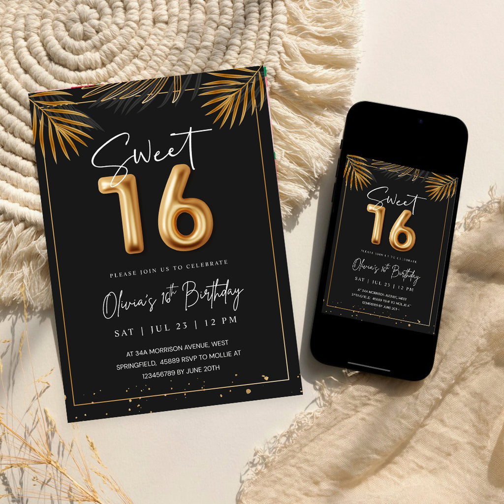 Sweet 16 Tropical Gold Invitation Template | Editable Sixteenth Birthday Invite | Golden Leaves Canva Instant Download