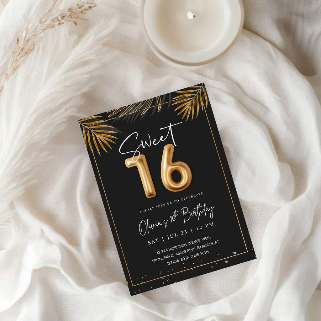 Sweet 16 Tropical Gold Invitation Template | Editable Sixteenth Birthday Invite | Golden Leaves Canva Instant Download