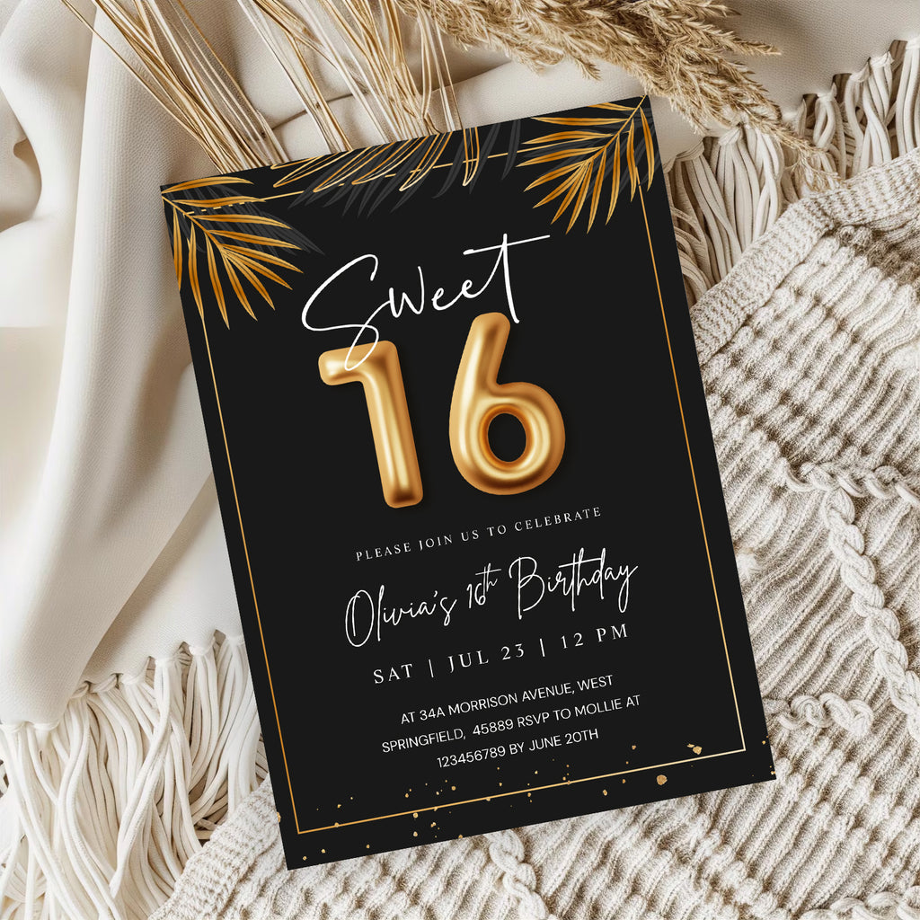 Sweet 16 Tropical Gold Invitation Template | Editable Sixteenth Birthday Invite | Golden Leaves Canva Instant Download