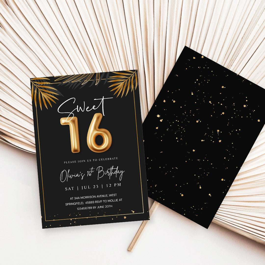 Sweet 16 Tropical Gold Invitation Template | Editable Sixteenth Birthday Invite | Golden Leaves Canva Instant Download
