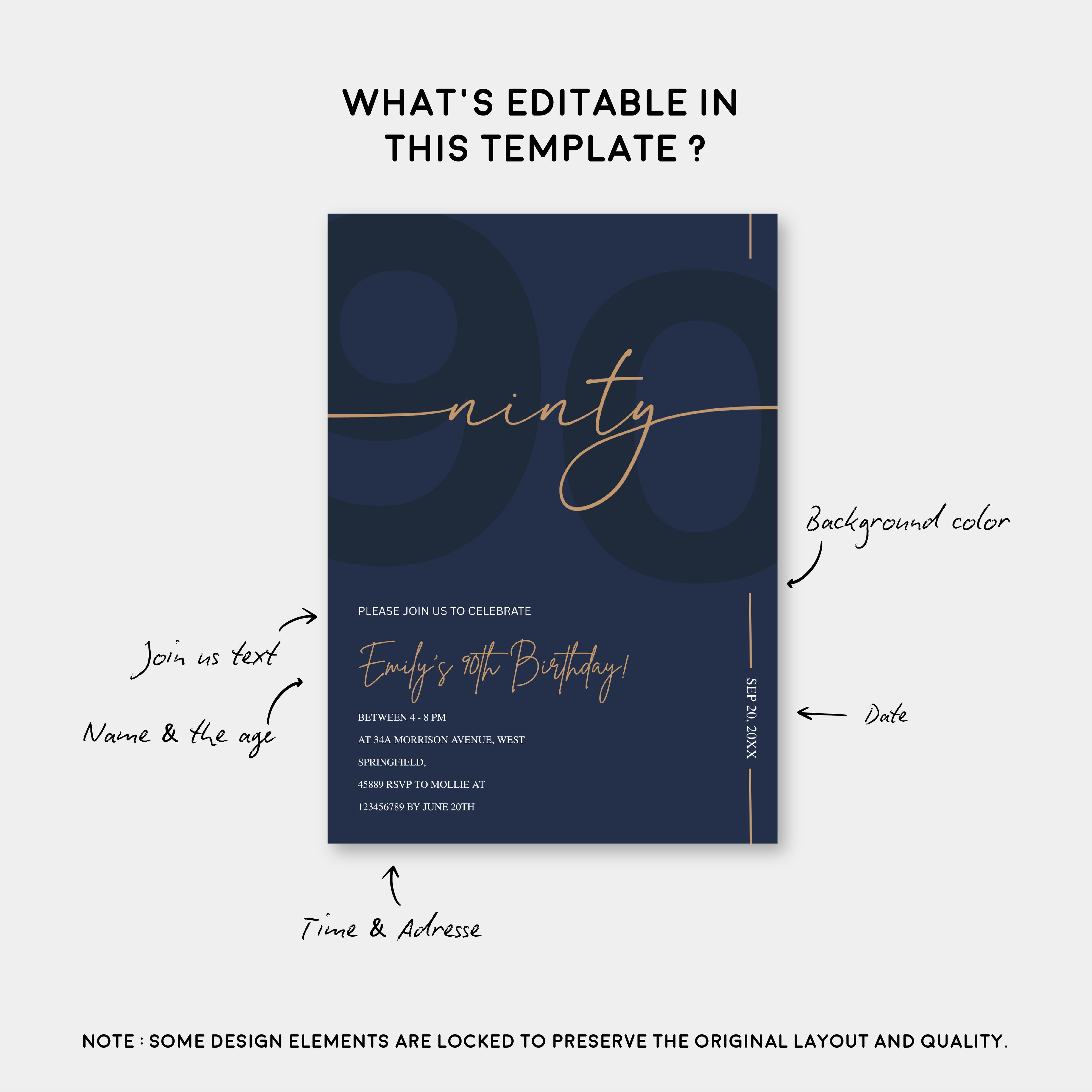 Modern Navy Blue & Gold 90th Birthday Invitation – Editable Canva Template