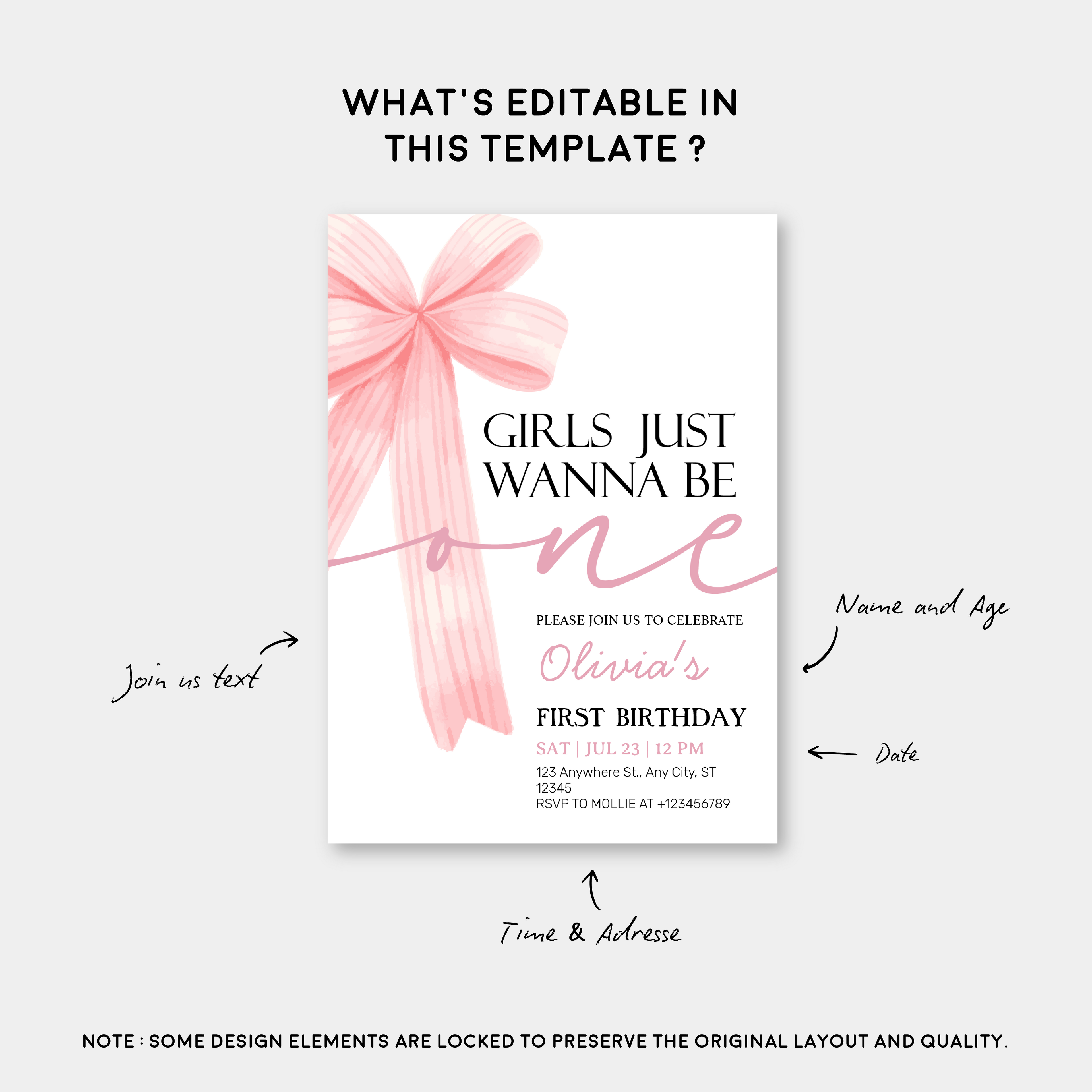 Girls Just Wanna Be One Pink Bow 1st Birthday Invitation – Editable Canva Template