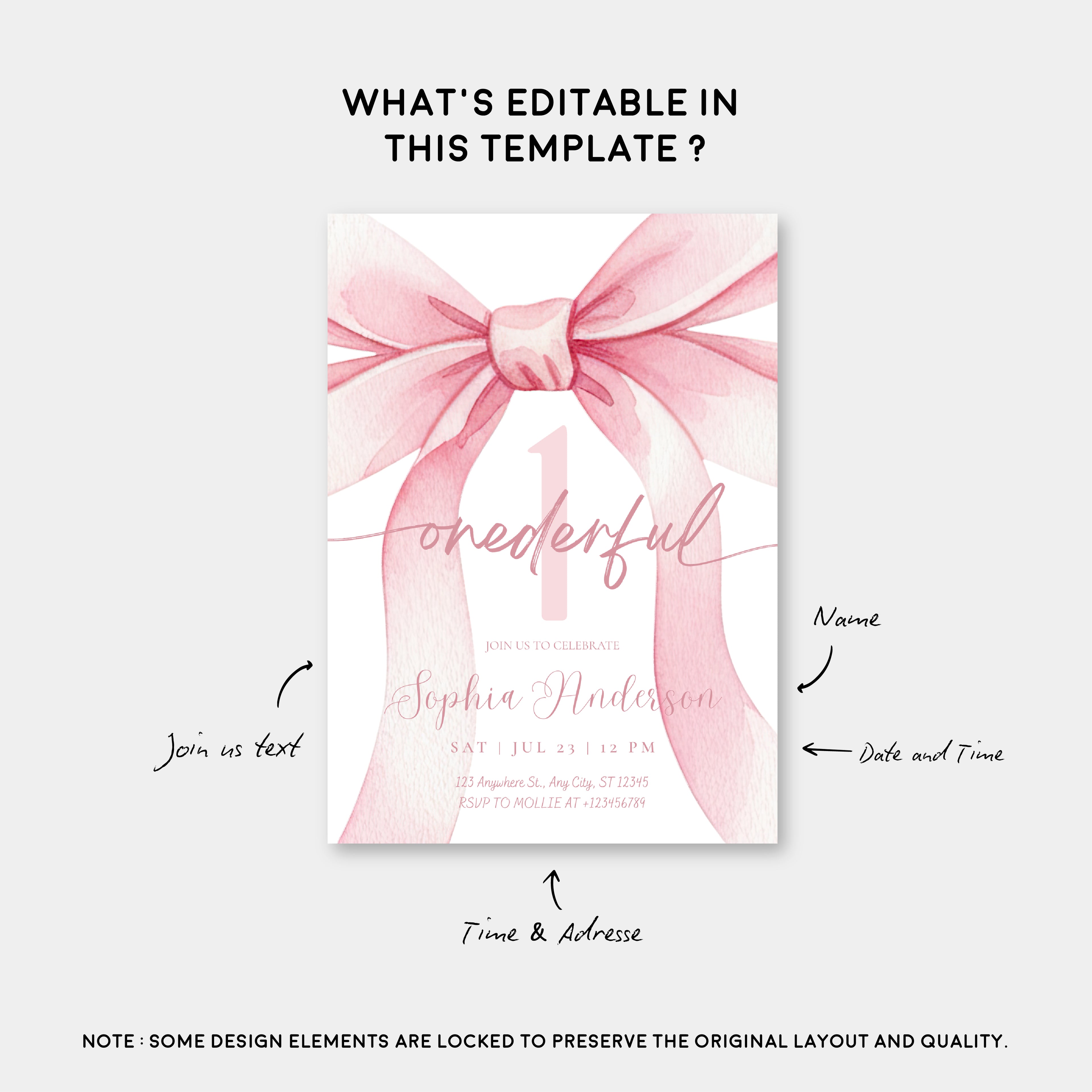 Blush Pink Bow Onederful 1st Birthday Invitation Template | Girl First Birthday Party Invite | Editable Canva Instant Download