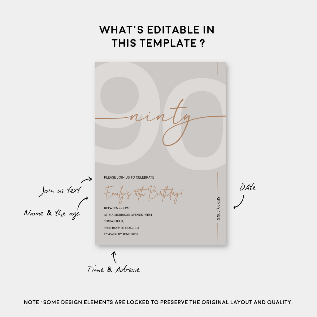 Modern Beige & Gold 90th Birthday Invitation – Editable Canva Template
