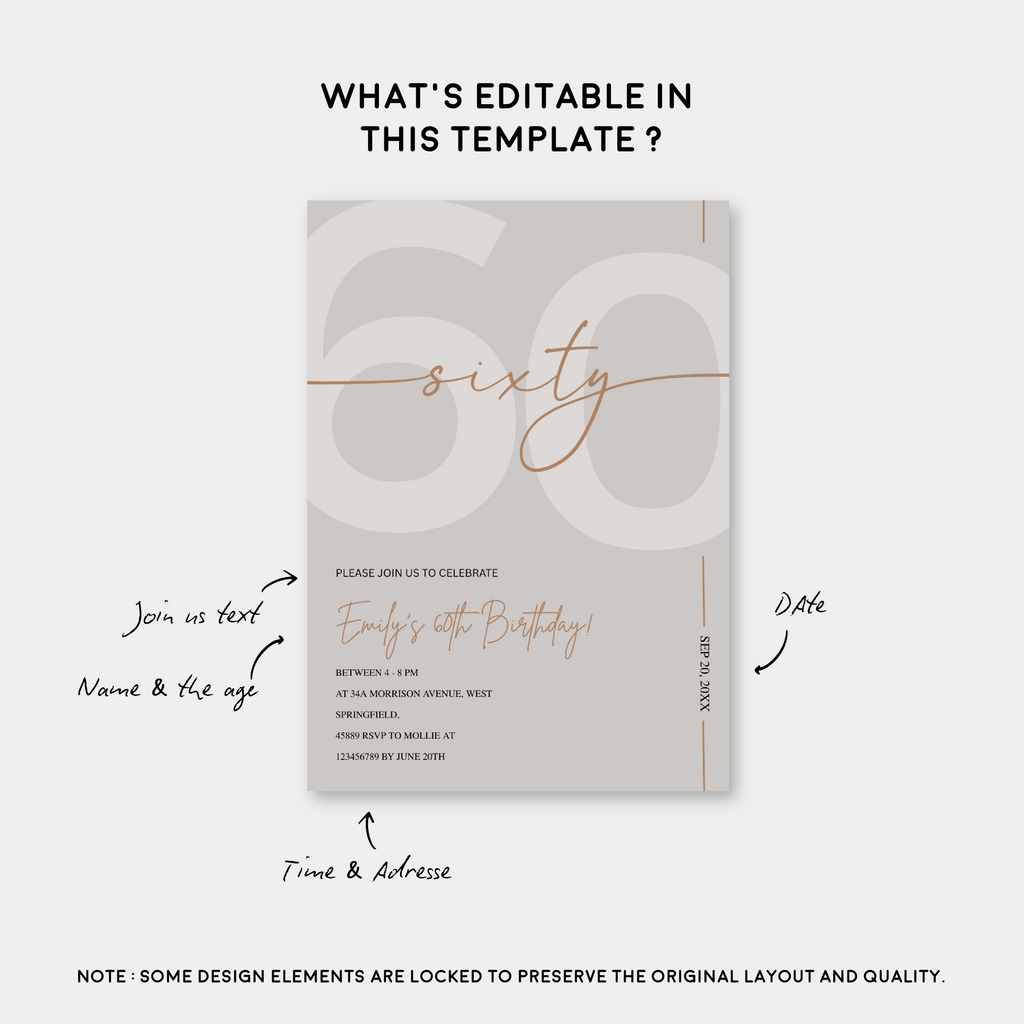 Modern Beige & Gold 60th Birthday Invitation – Editable Canva Template