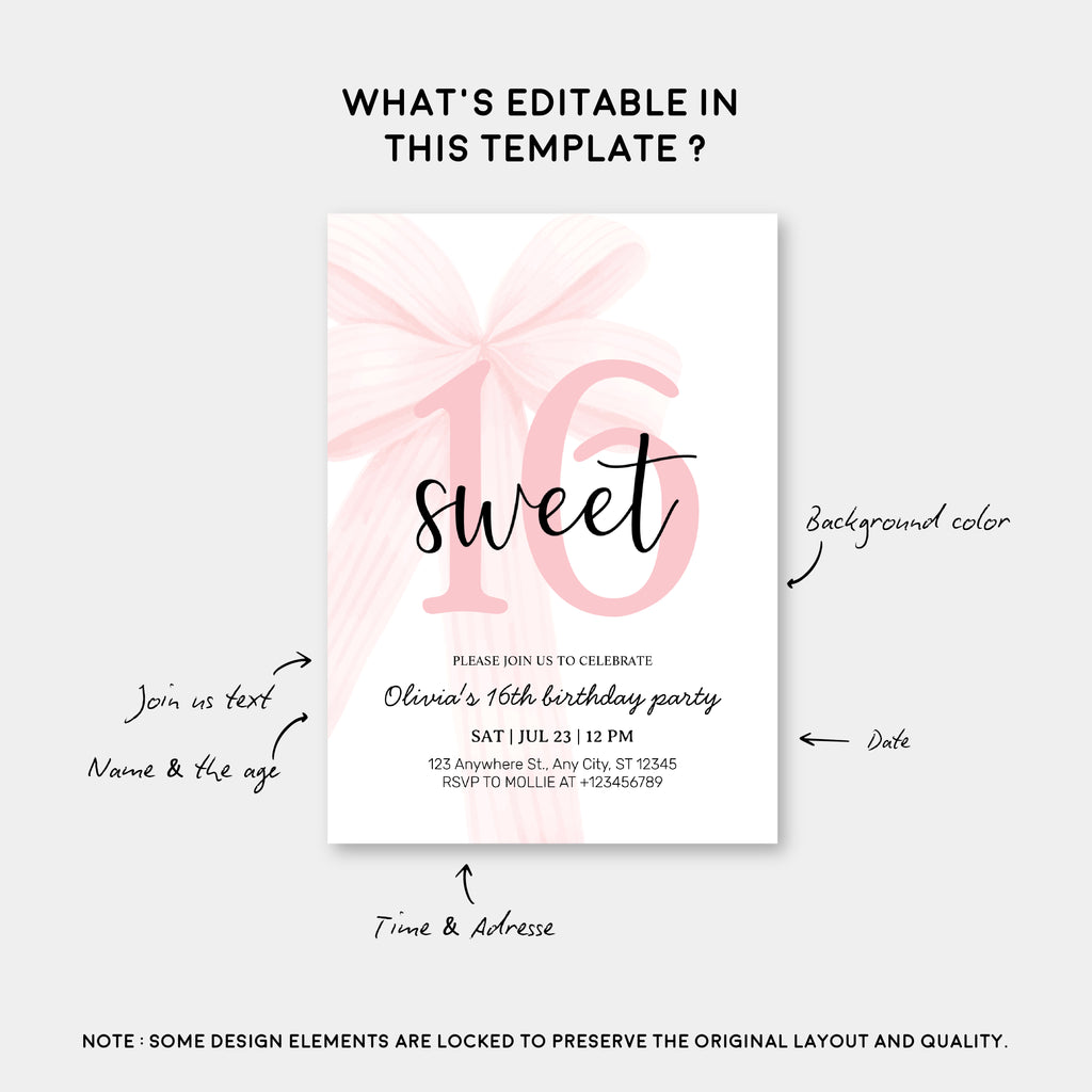 Elegant Pink Coquette Bow Sweet 16 Birthday Invitation – Editable Canva Template
