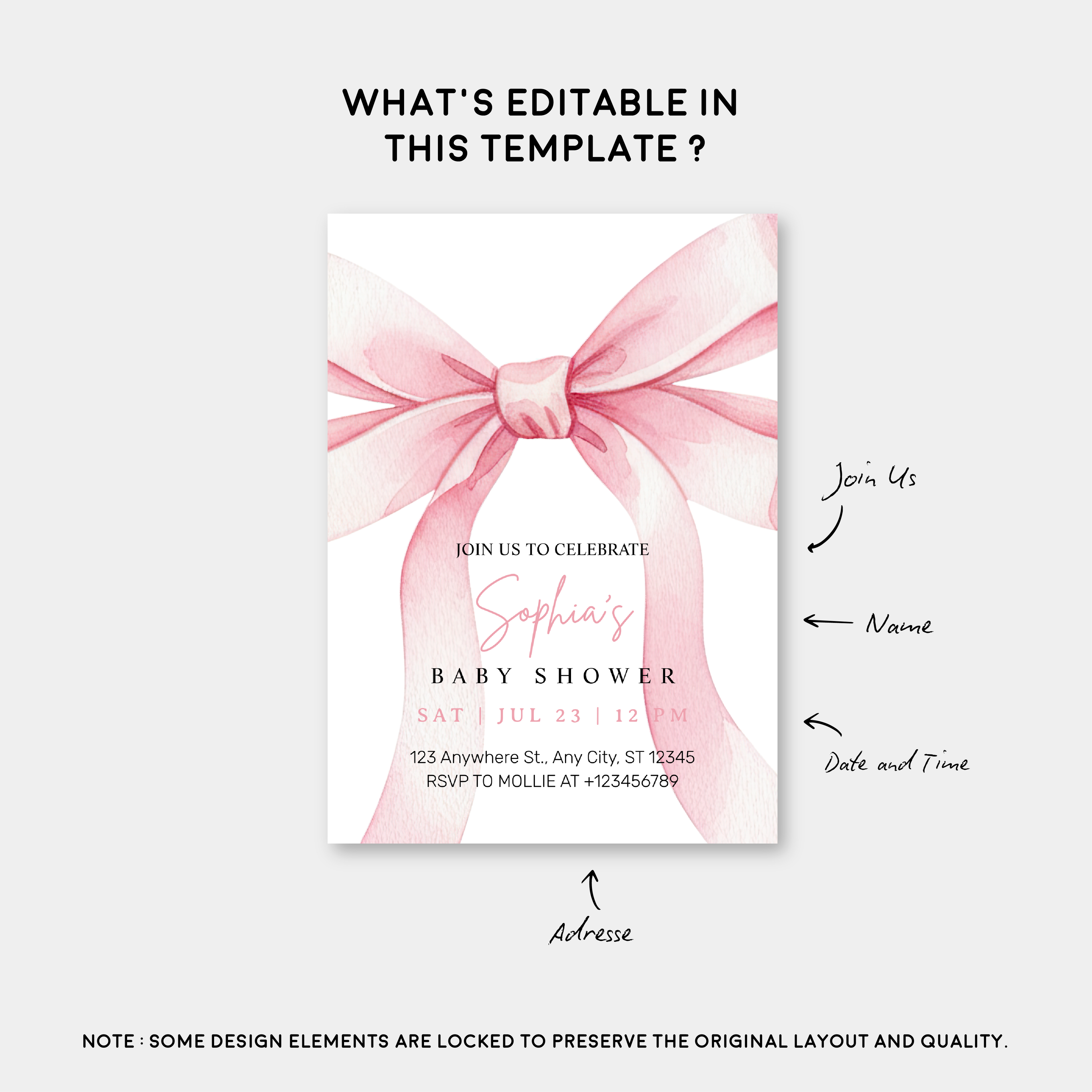 Elegant Pink Bow Girl Baby Shower Invitation – Editable Canva Template