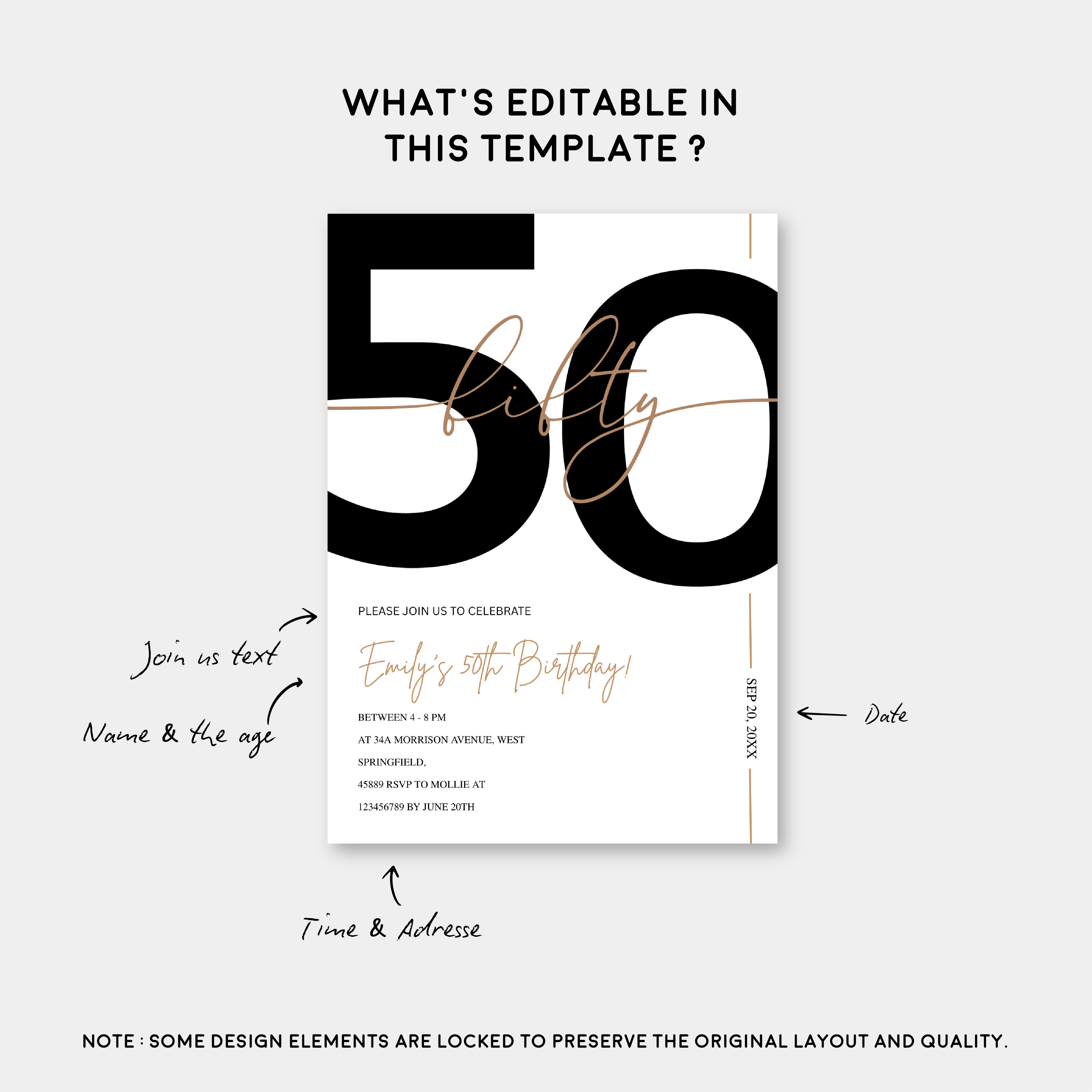 Modern Minimalist White & Gold 50th Birthday Party Invitation – Editable Canva Template