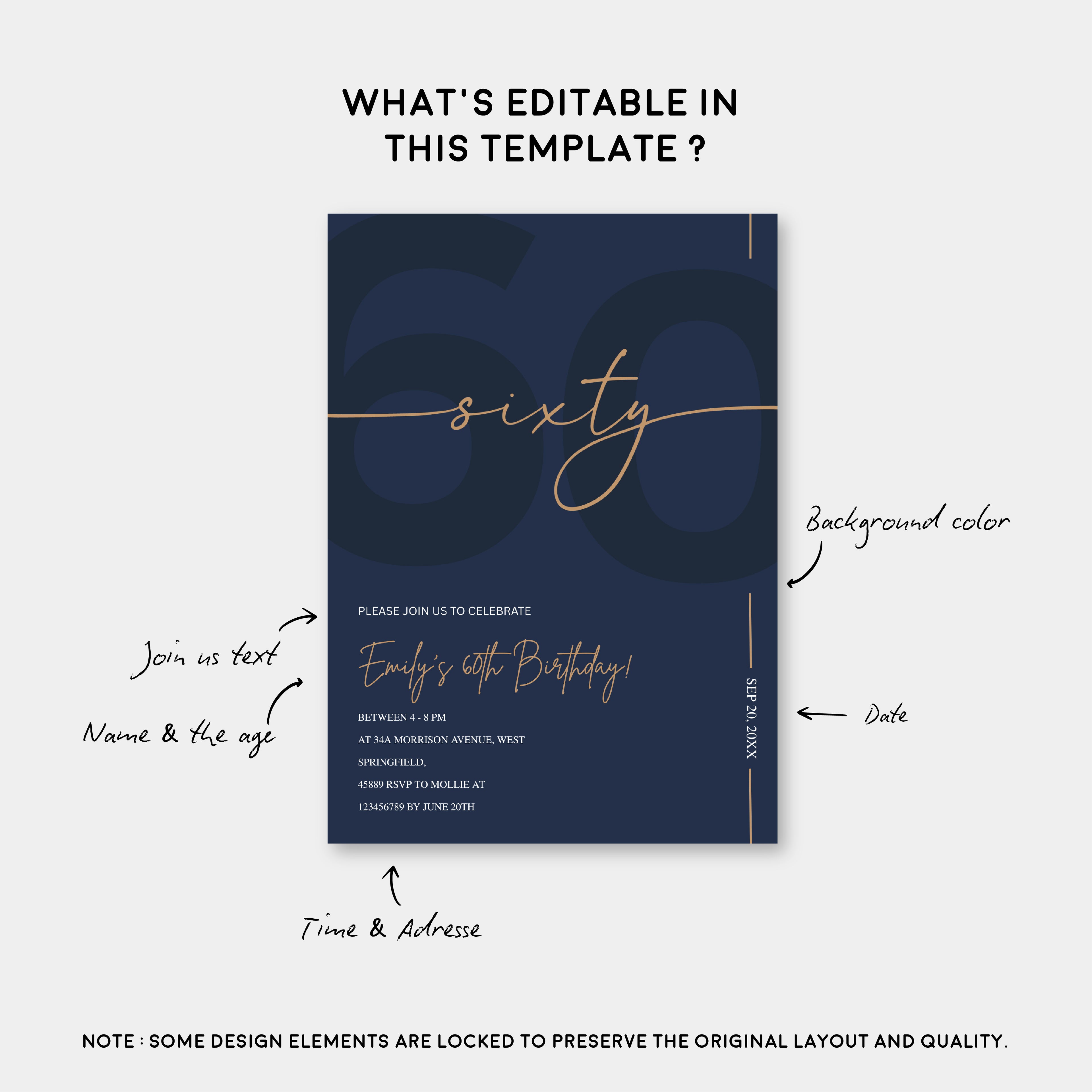 Modern Navy Blue & Gold 60th Birthday Invitation – Editable Canva Template