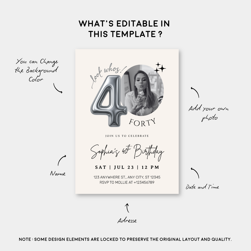 Editable 40th Birthday Photo Invitation Canva Template Silver Balloon Minimalist Party Invite Instant Download