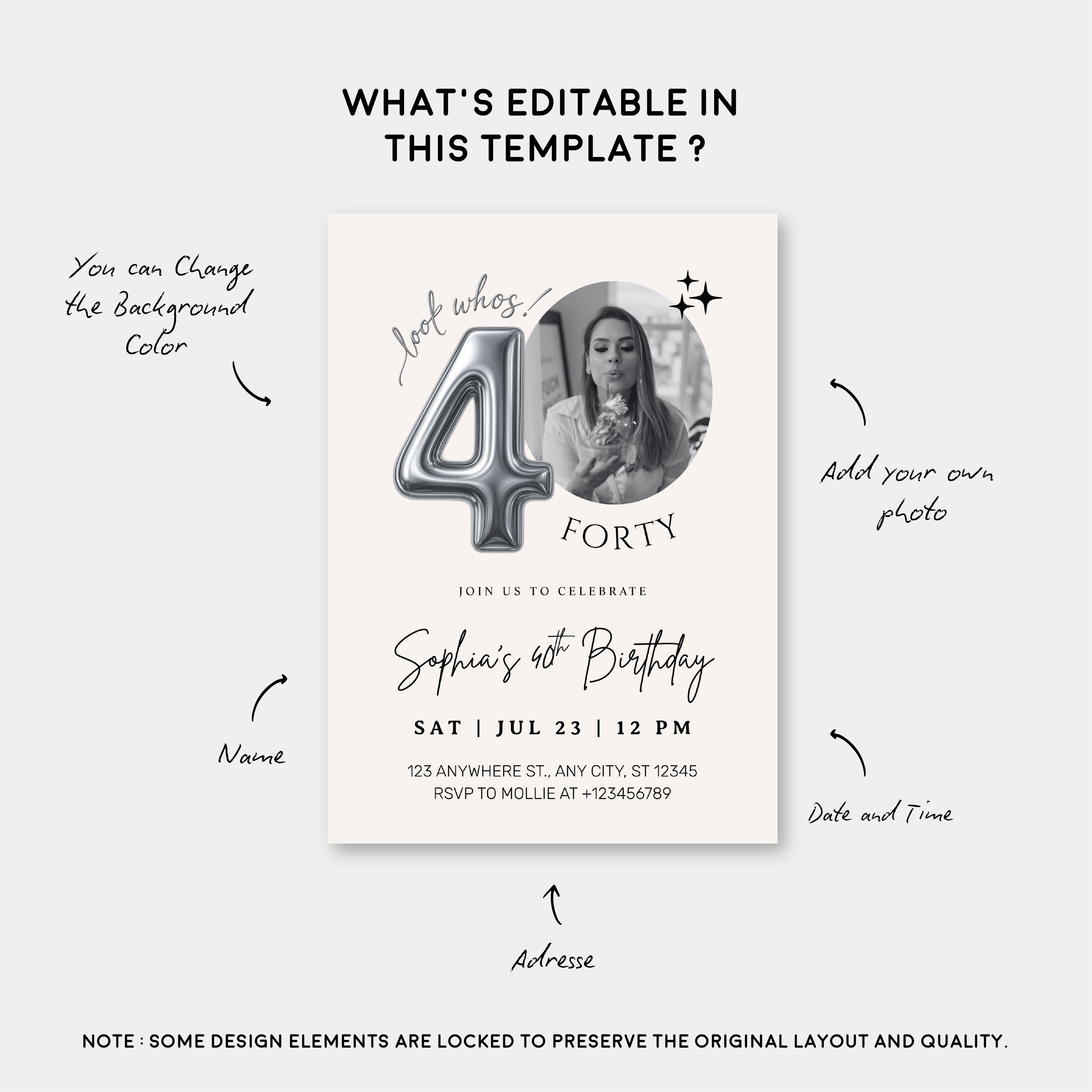 Editable 40th Birthday Photo Invitation Canva Template Silver Balloon Minimalist Party Invite Instant Download