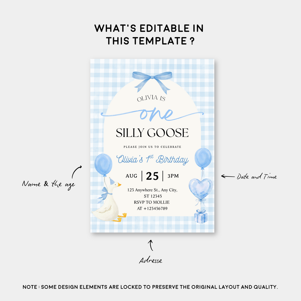 Editable One Silly Goose 1st Birthday Invitation | Blue Bow Gingham Canva Template – Instant Download