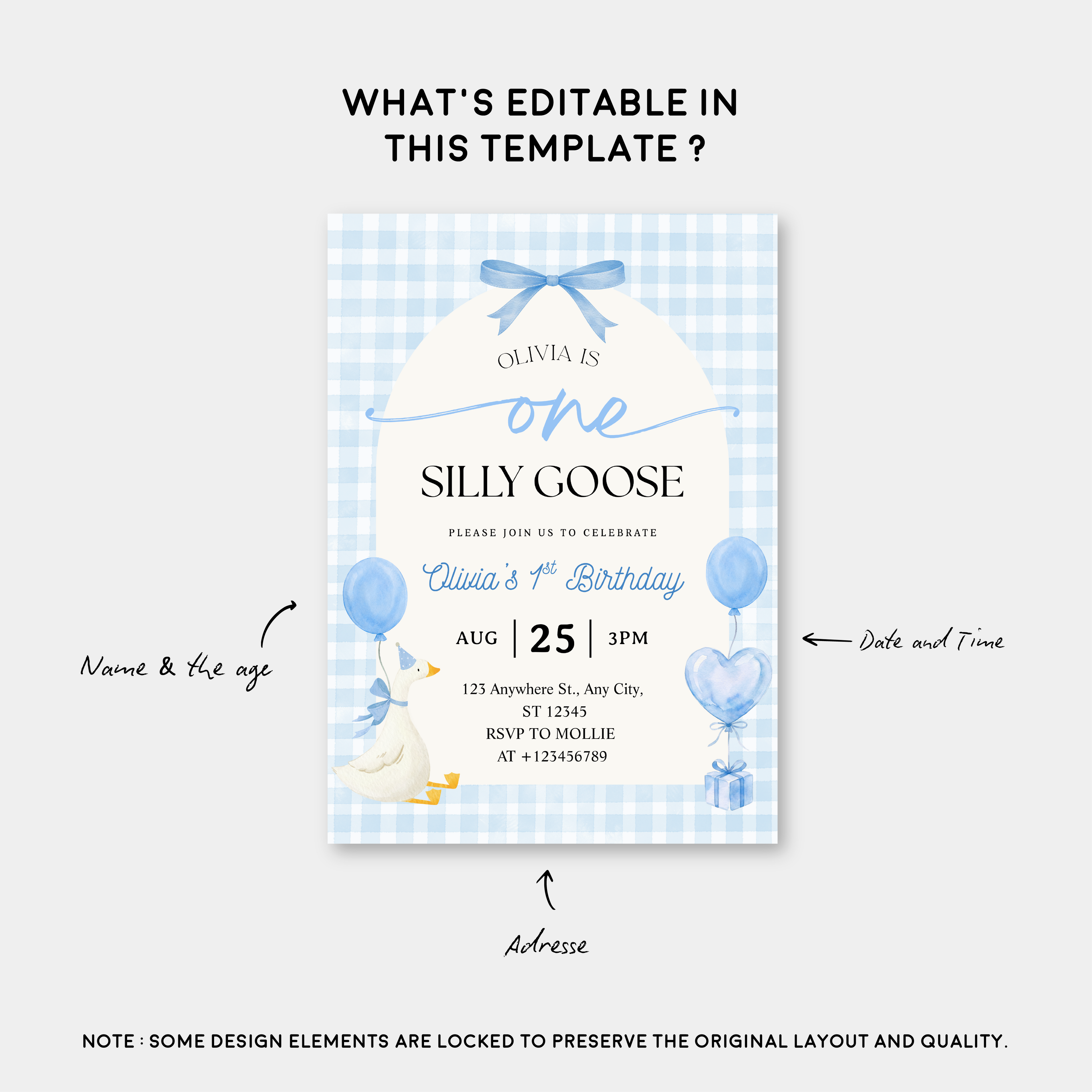 Editable One Silly Goose 1st Birthday Invitation | Blue Bow Gingham Canva Template – Instant Download